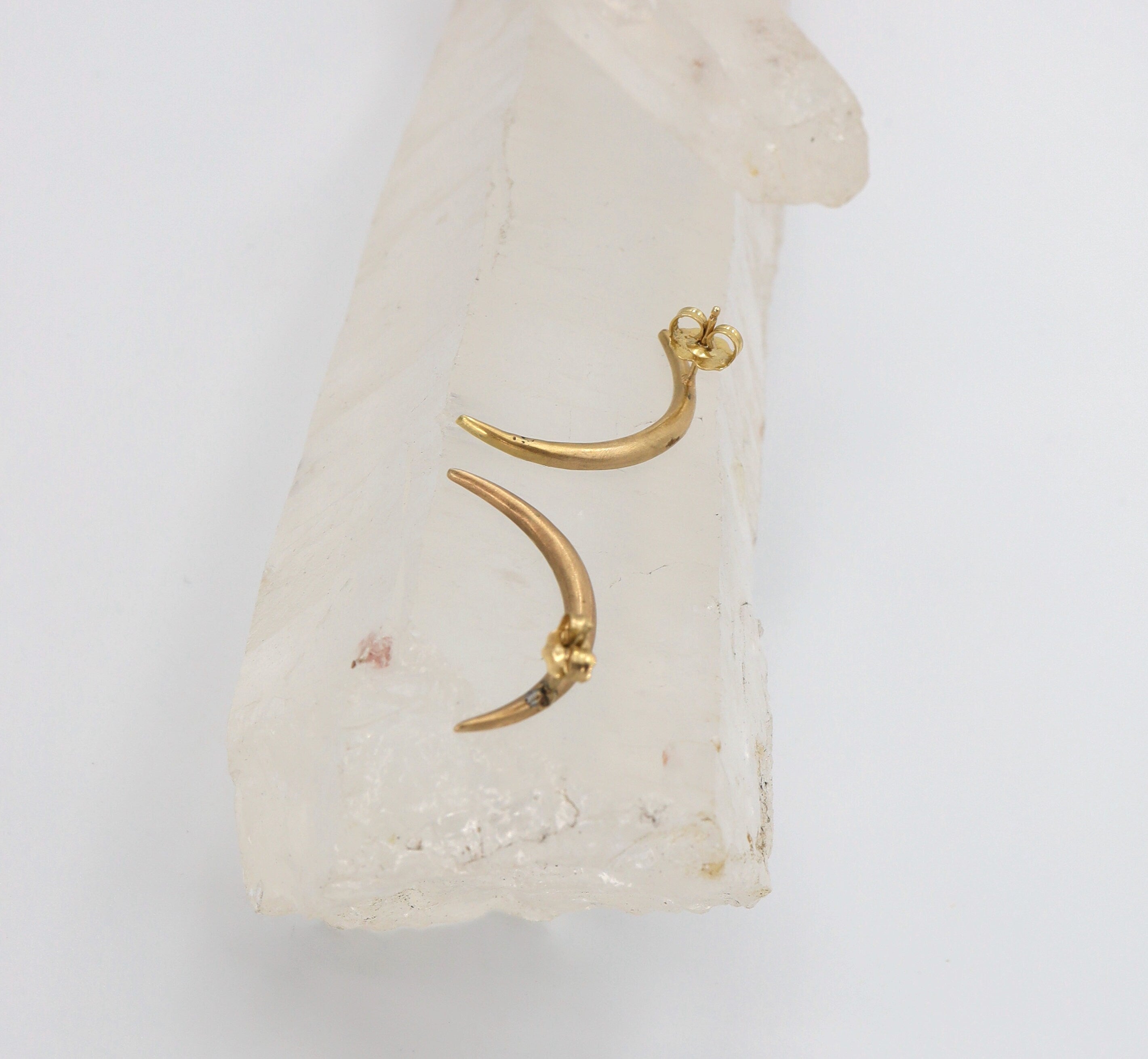 Victorian Crescent Moon Pearl Stud Earrings in 10k yellow gold featuring elegant pearl accents and vintage-inspired design.