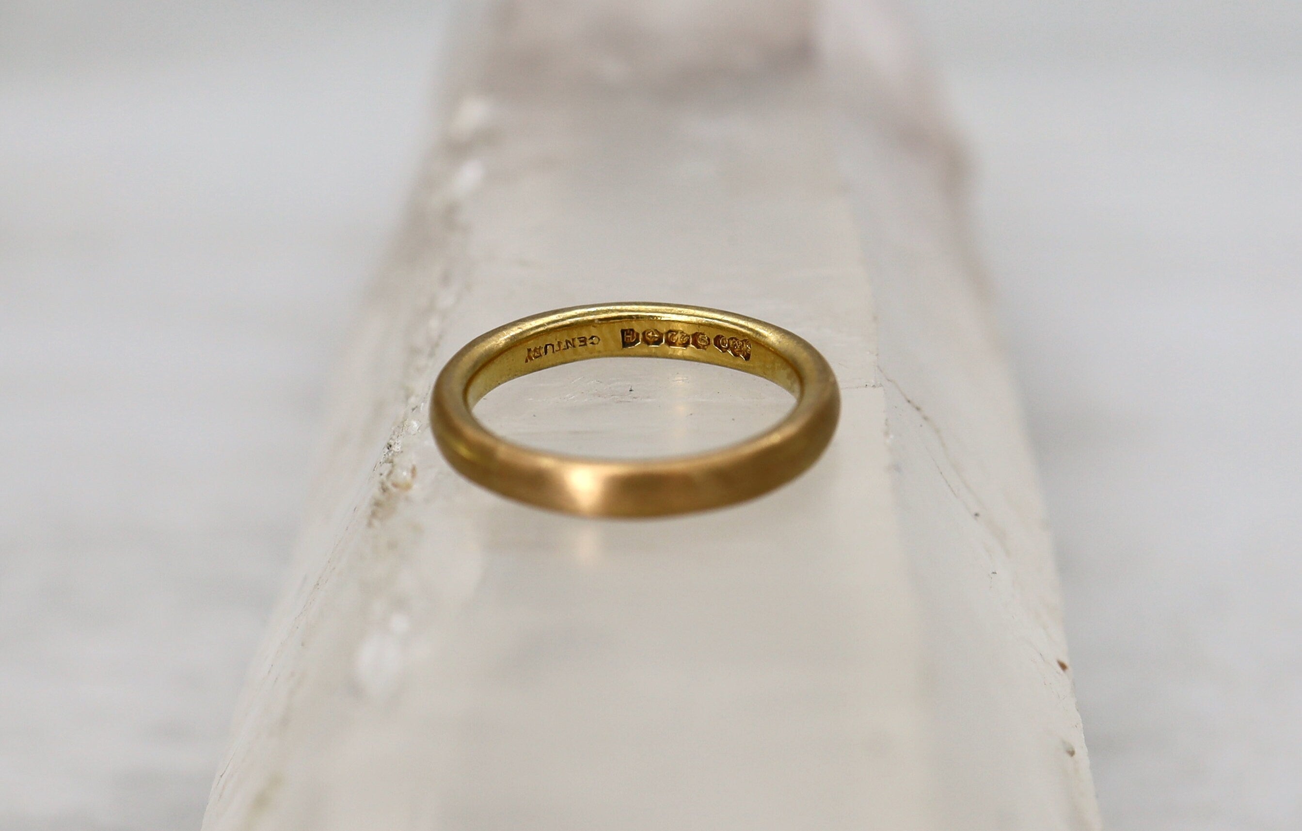 Victorian 22k yellow gold hallmarked ring from 1856, 2.8mm wide, size 5.5, featuring intricate vintage design.