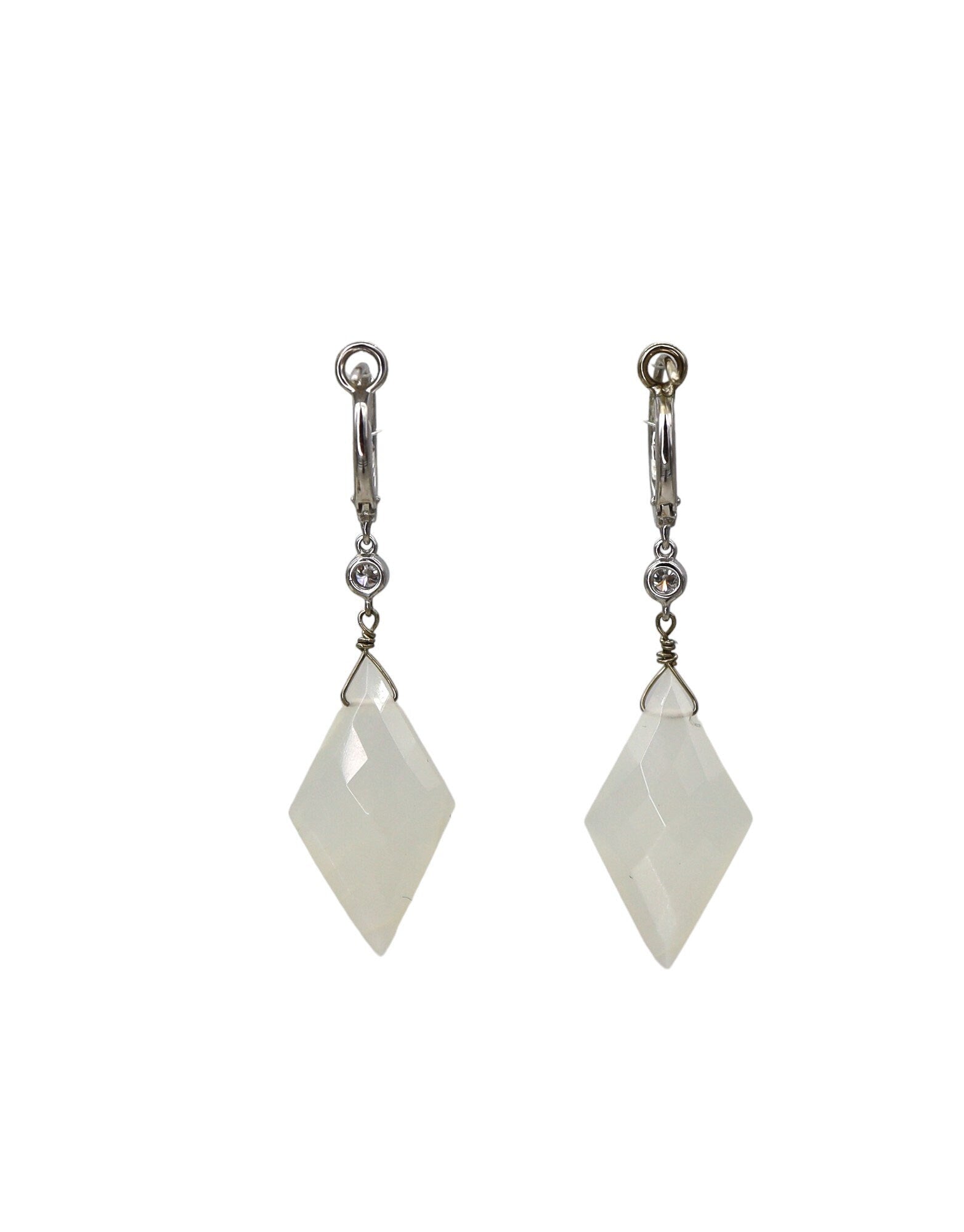 Elegant estate 14k white gold earrings with sparkling diamonds and moonstones, featuring vintage-inspired design from The Vintage Vault