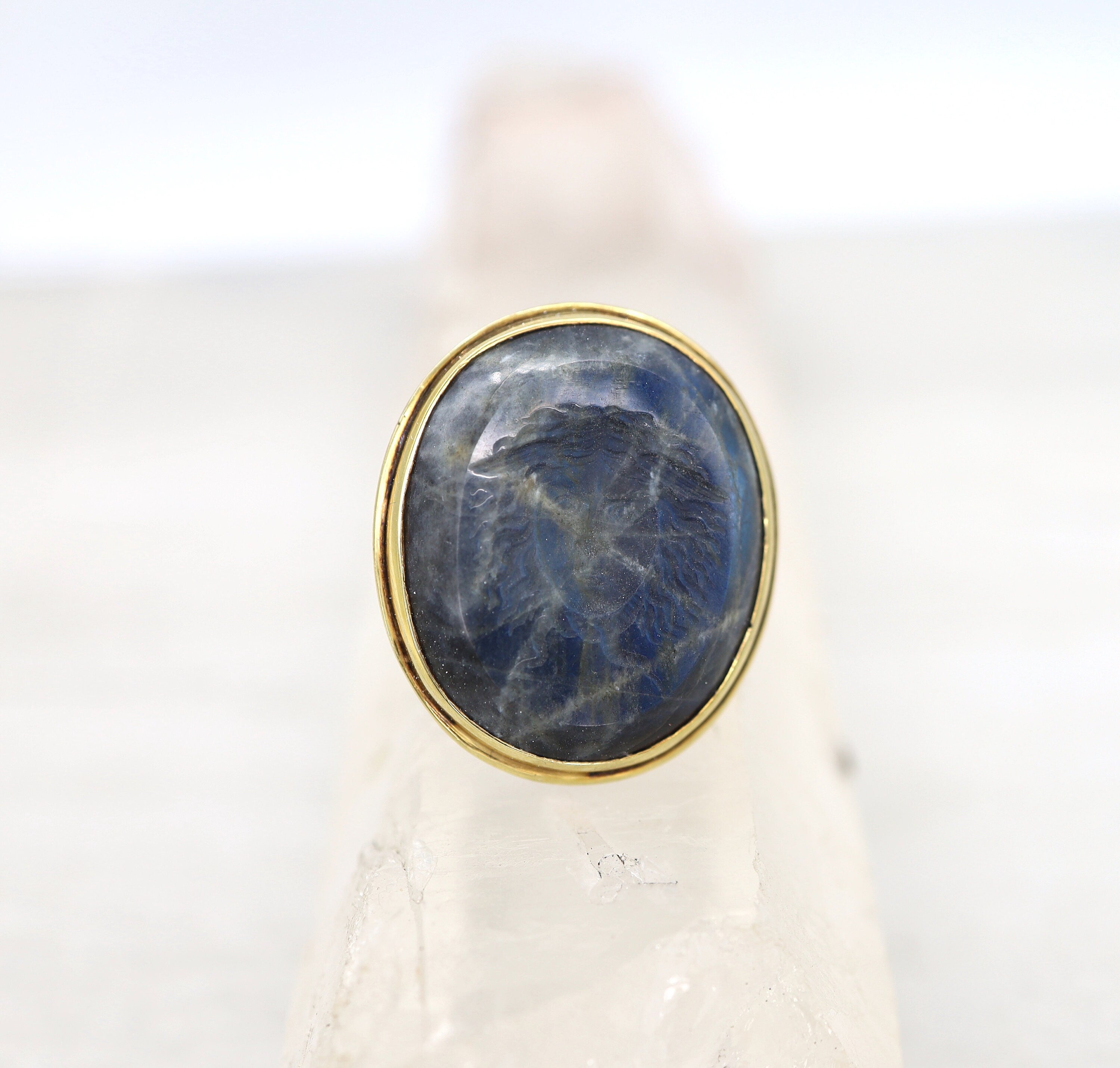 Victorian Medusa Labradorite Intaglio ring featuring intricate design and luminous labradorite gemstone in a vintage style ring