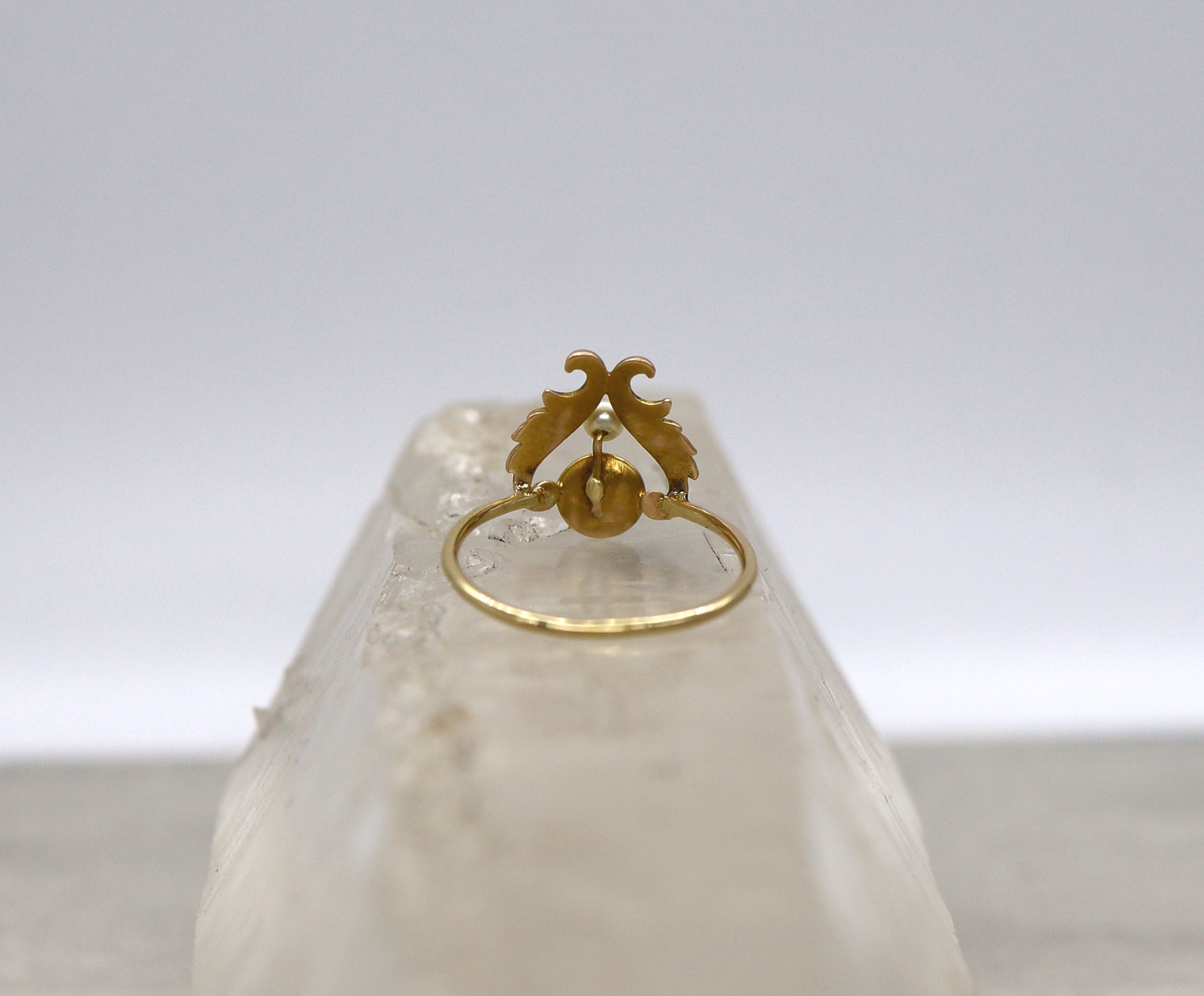 Art Nouveau Chrysoprase & Pearl Ring in 14k Yellow Gold - DK726 - Petra Star