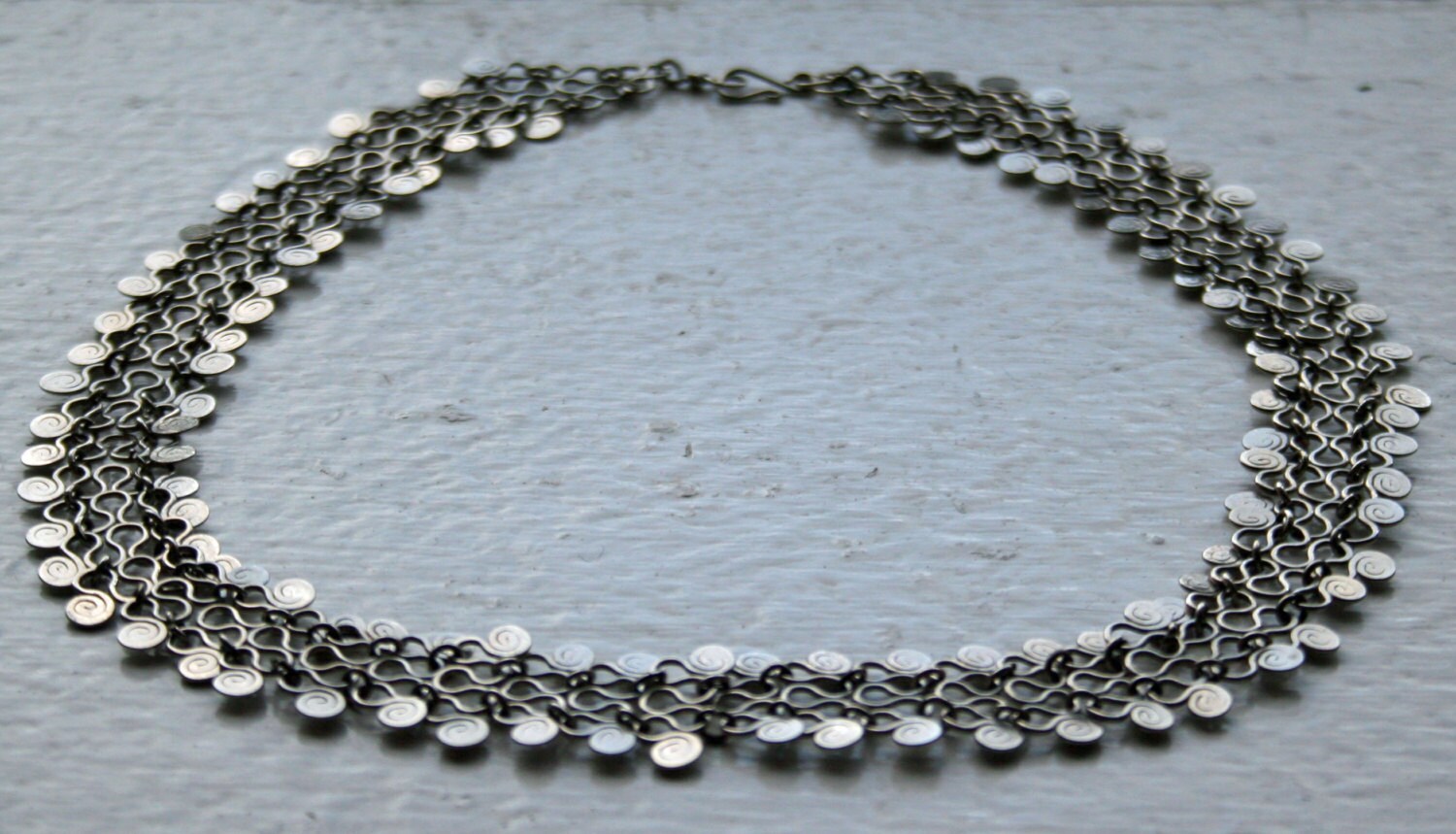 Egyptian-style wide mesh necklace collar by The Vintage Vault featuring intricate metalwork and bold design.