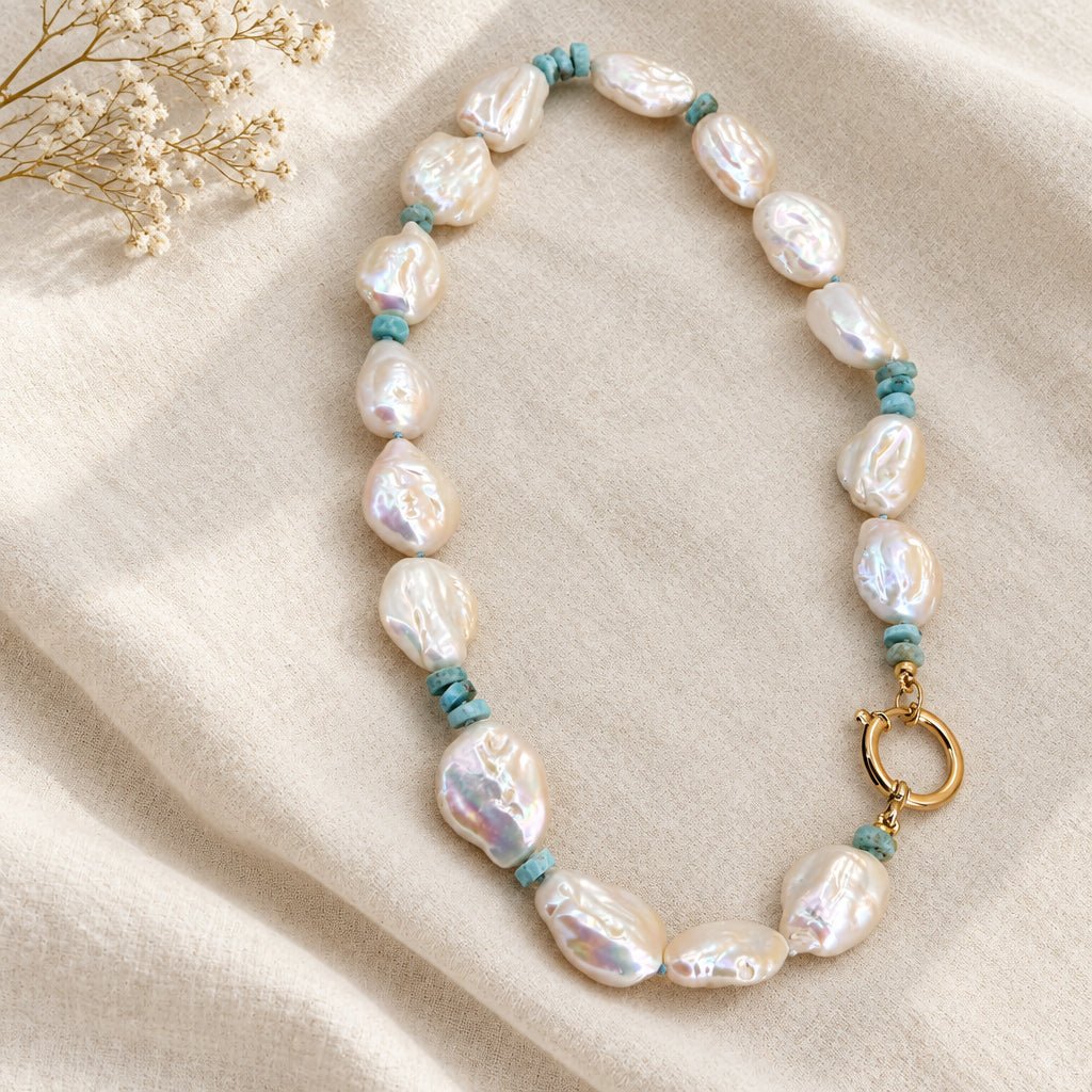 Keshi Pearl & Larimar Necklace with Gold-Filled Charm Holder, 20" - Petra StarNecklace