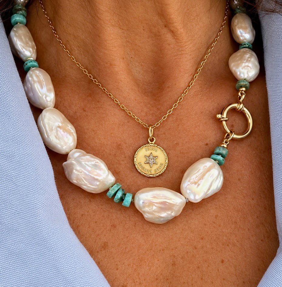 Keshi Pearl & Larimar Necklace with Gold-Filled Charm Holder, 20" - Petra StarNecklace