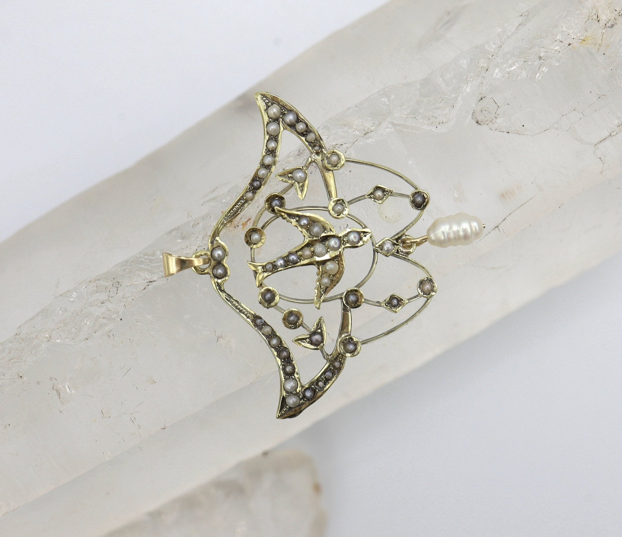 Large 14k Gold Victorian Lavalier Pearl Pendant with Bird - Petra Star