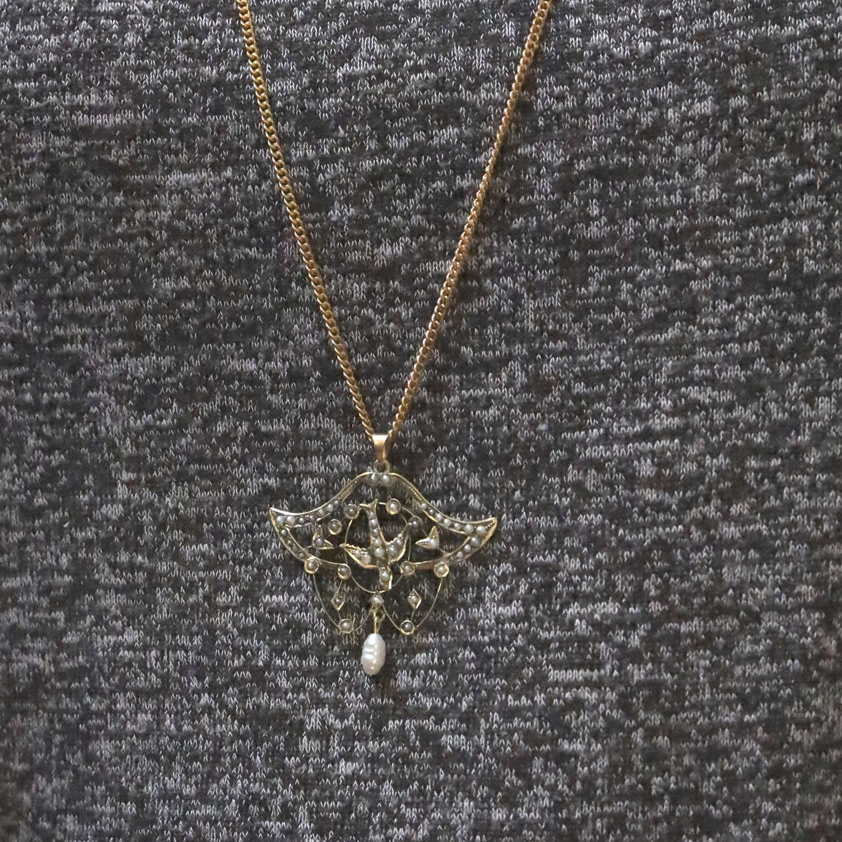 Large 14k Gold Victorian Lavalier Pearl Pendant with Bird - Petra Star