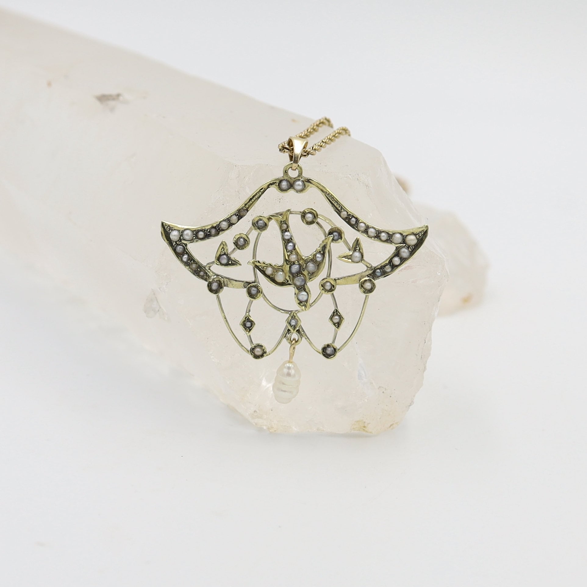 Large 14k Gold Victorian Lavalier Pearl Pendant with Bird - Petra Star