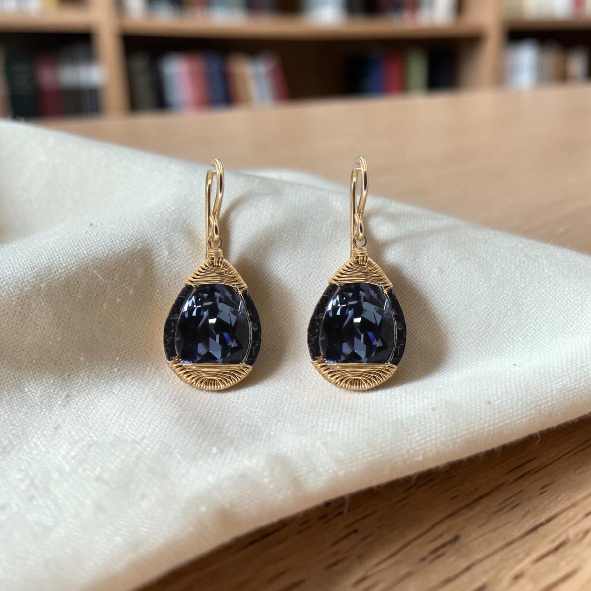 Dana Kellin Ocean Blue Large Drop Earrings With Swarovski Crystals Gold Filled