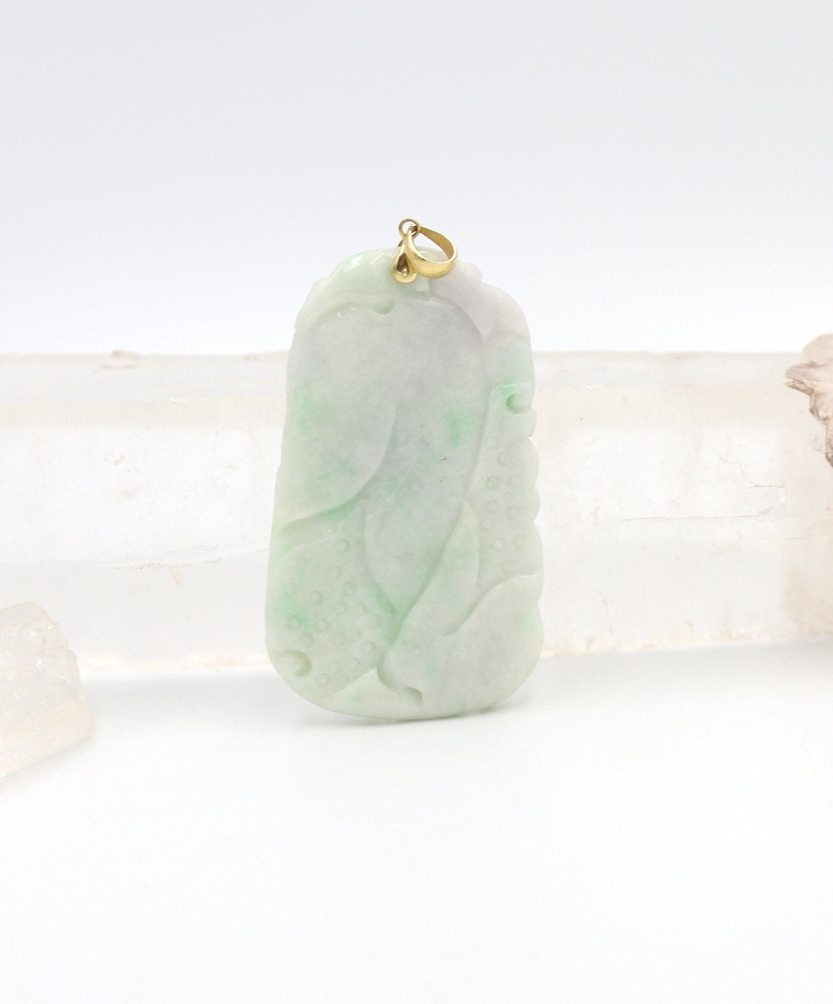 Large Carved Dragon White & Light Green Jade Pendant with 14k Yellow Gold Bail - JL1020 - Petra Star