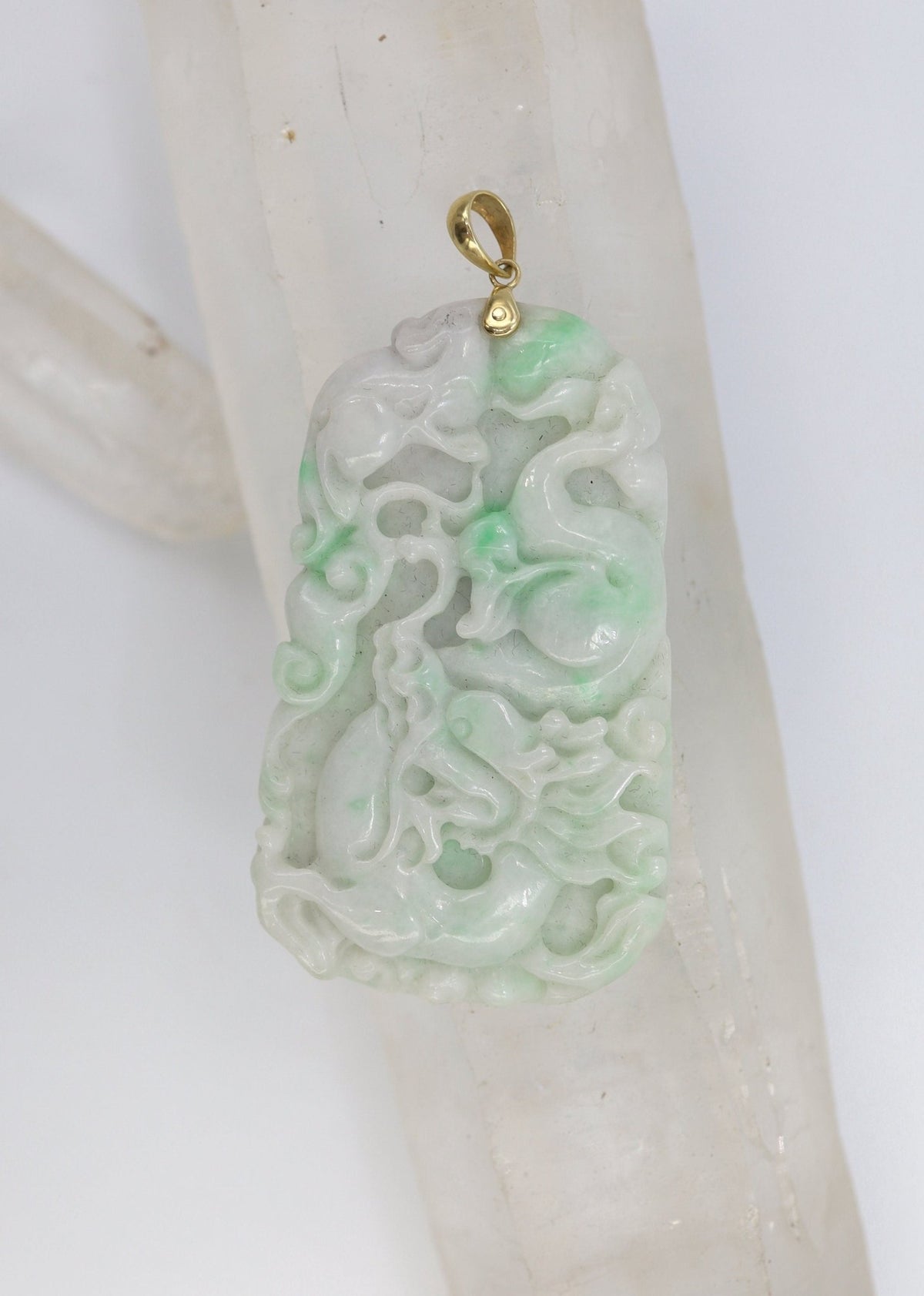 Large Carved Dragon White & Light Green Jade Pendant with 14k Yellow Gold Bail - JL1020 - Petra Star