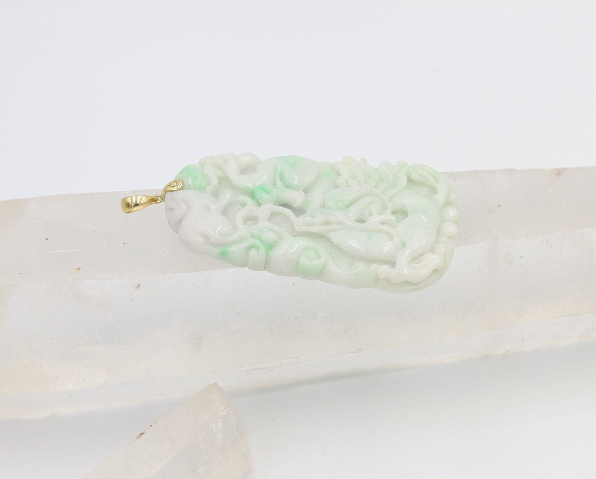 Large Carved Dragon White & Light Green Jade Pendant with 14k Yellow Gold Bail - JL1020 - Petra Star