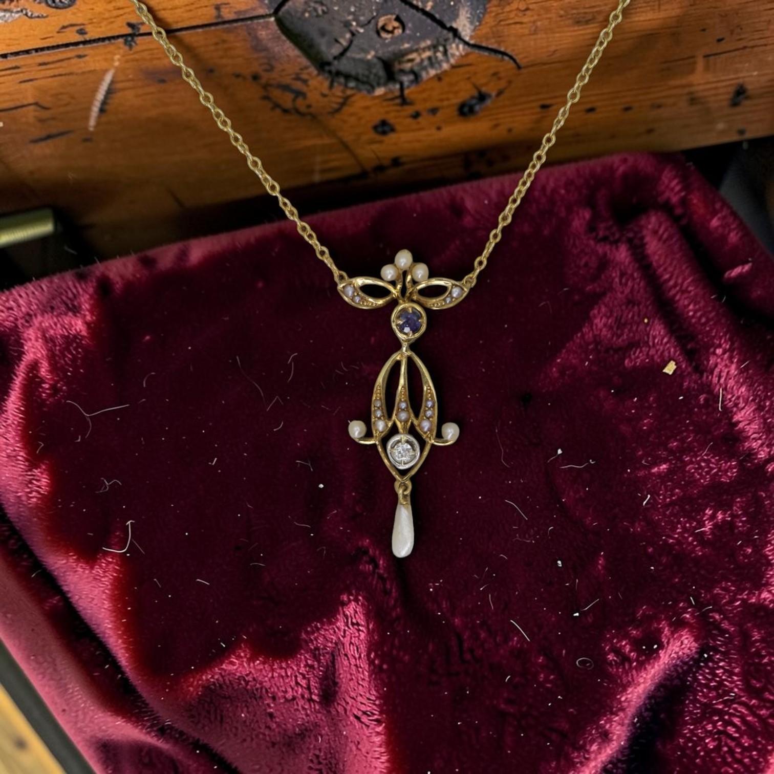 Late Victorian Sapphire Diamond Pearl Lavalier in 14K Gold, 1900 Pendant Necklace - Petra Star