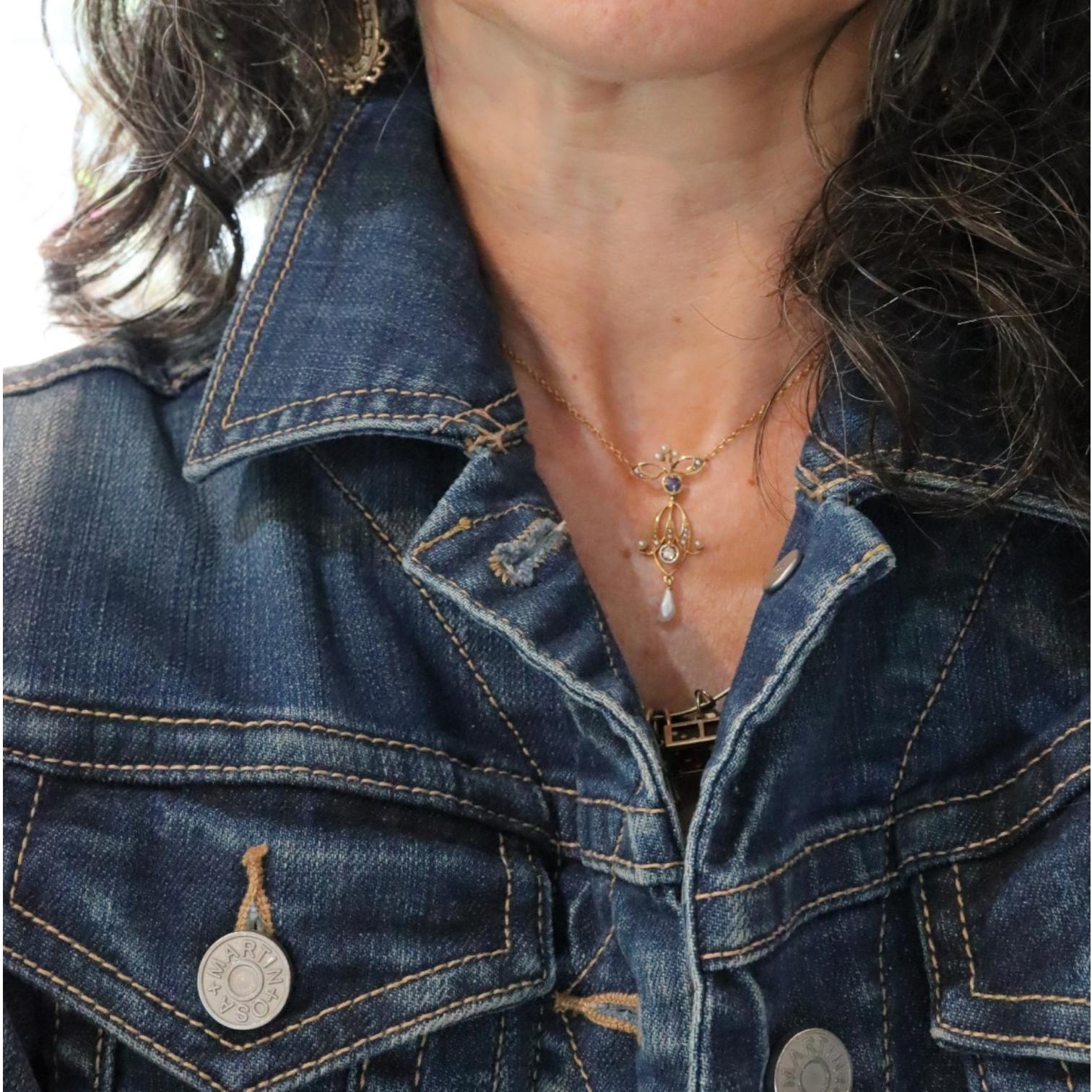 Late Victorian Sapphire Diamond Pearl Lavalier in 14K Gold, 1900 Pendant Necklace - Petra Star