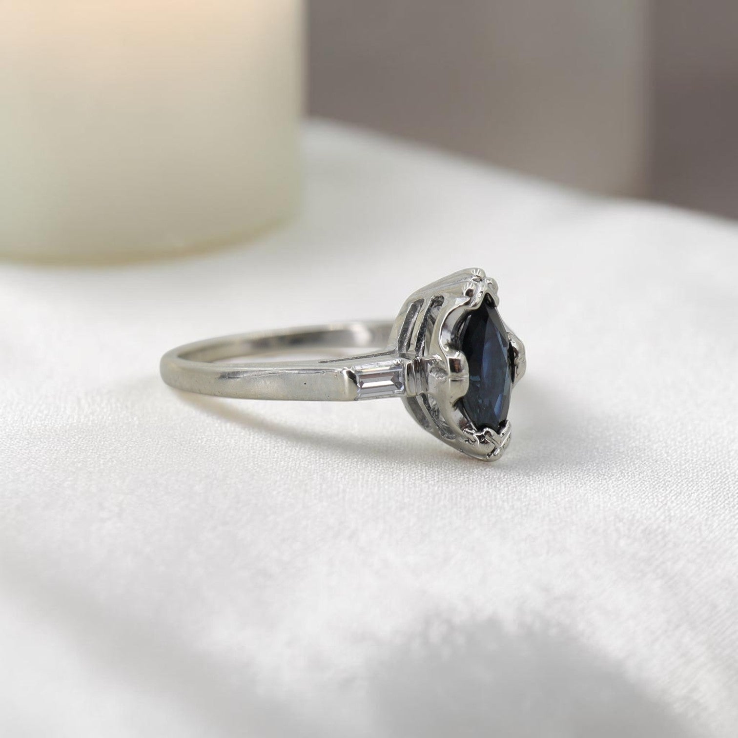 Marquise Teal Sapphire Ring with Channel-Set Baguette Diamonds in 14k White Gold - Petra Star