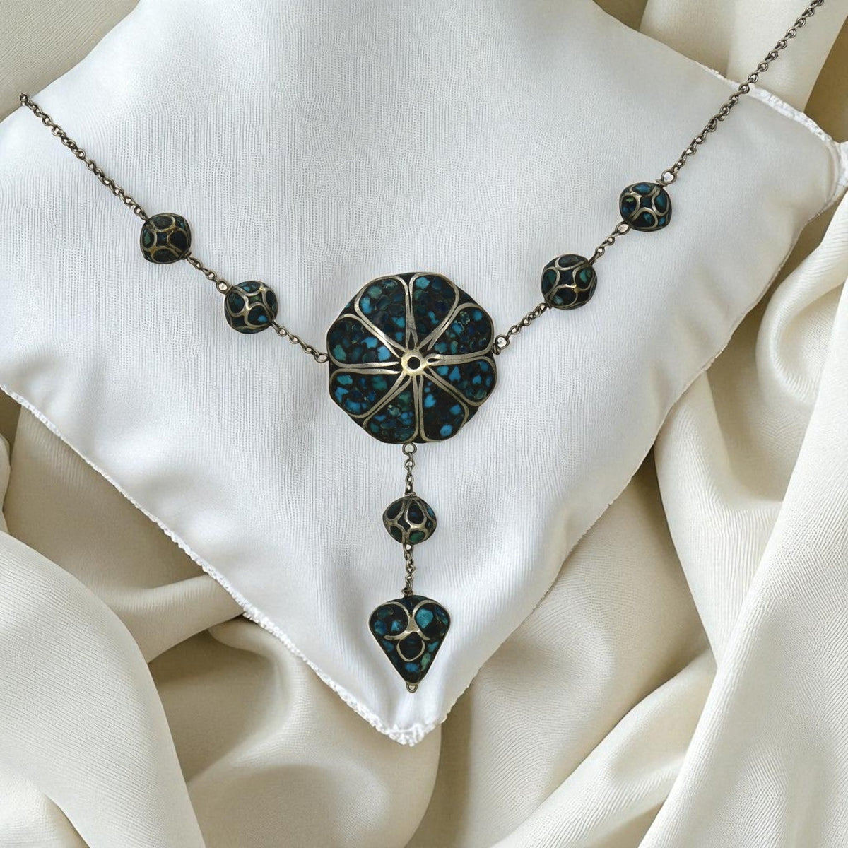 Mid-Century Silver Inlaid Drop Necklace - Petra Star