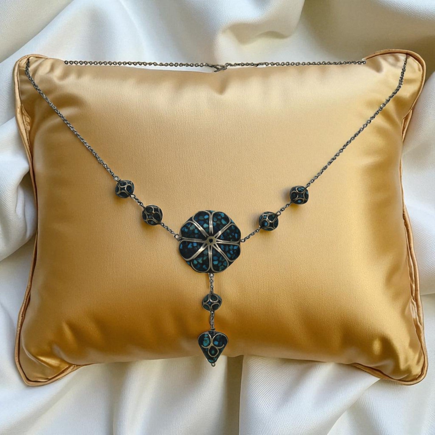 Mid-Century Silver Inlaid Drop Necklace - Petra Star