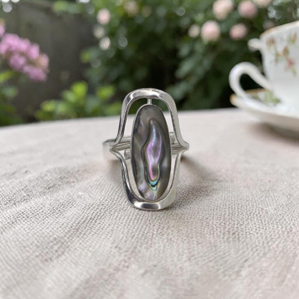 Modernist Sterling Silver Swivel Ring | Black Onyx & Abalone Shell | Rotating Double-Sided | Adjustable Open Shank | Handmade 925 - Petra Star