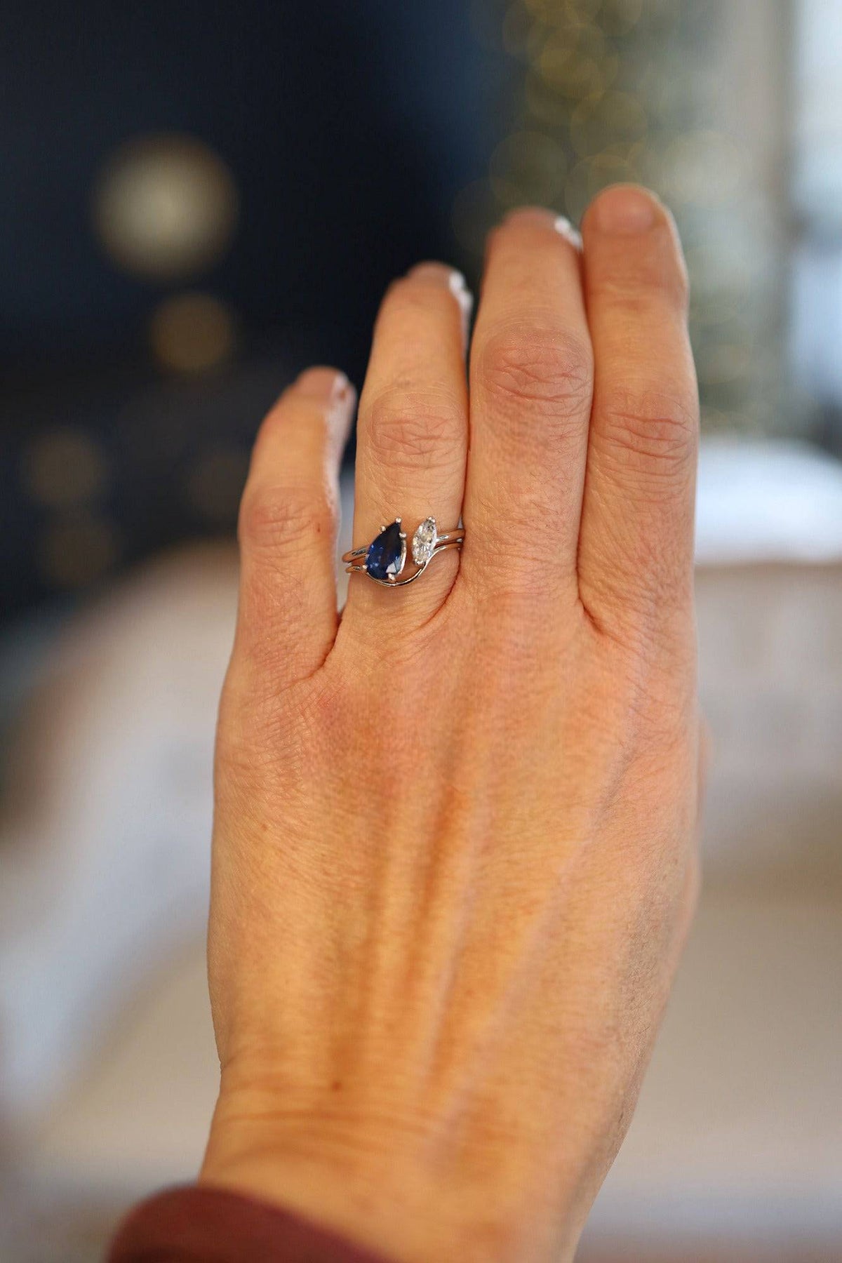 Pear Sapphire & Marquise Diamond Ring – Solid Platinum | Vintage Gemstone Engagement Ring - Petra Star