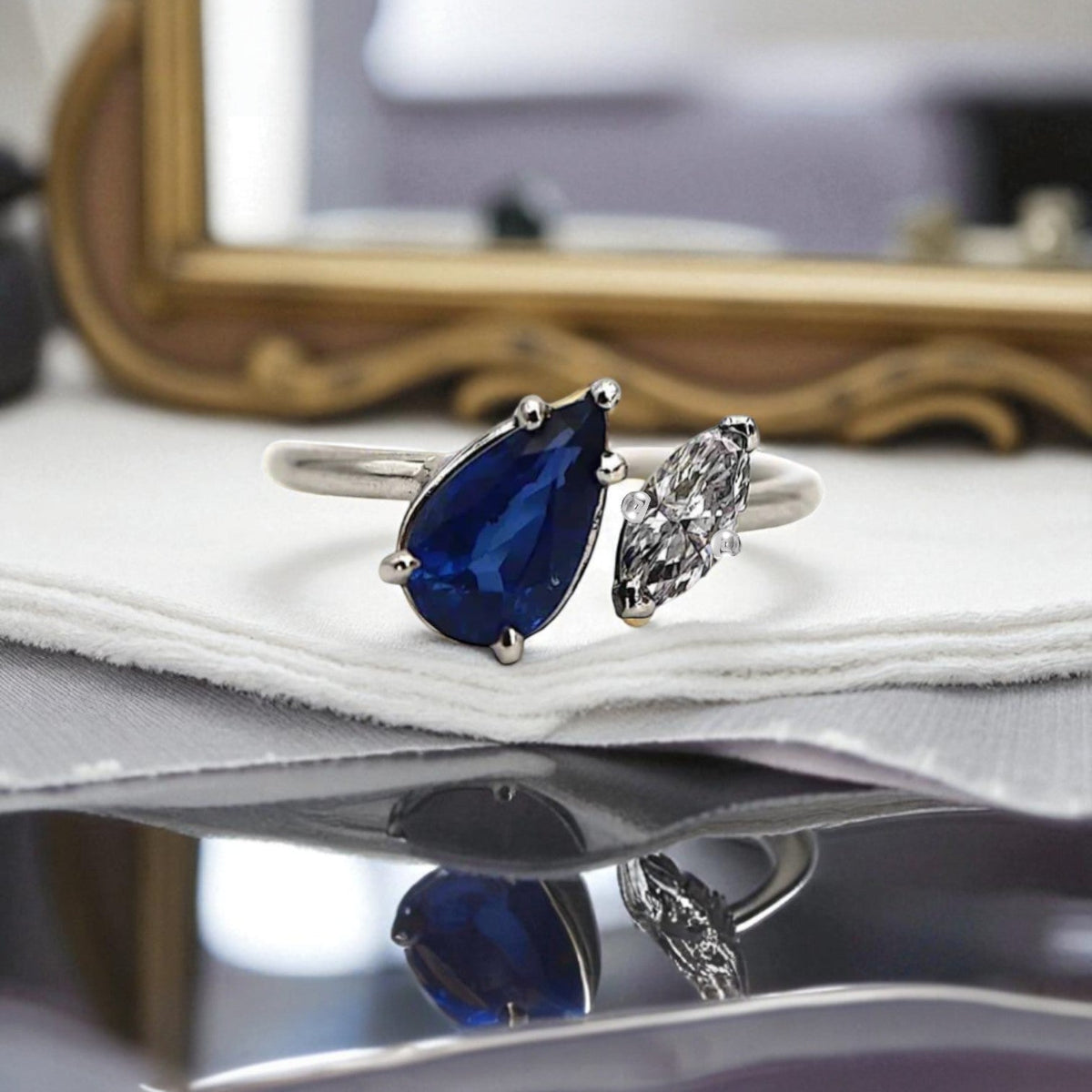 Pear Sapphire & Marquise Diamond Ring – Solid Platinum | Vintage Gemstone Engagement Ring - Petra Star