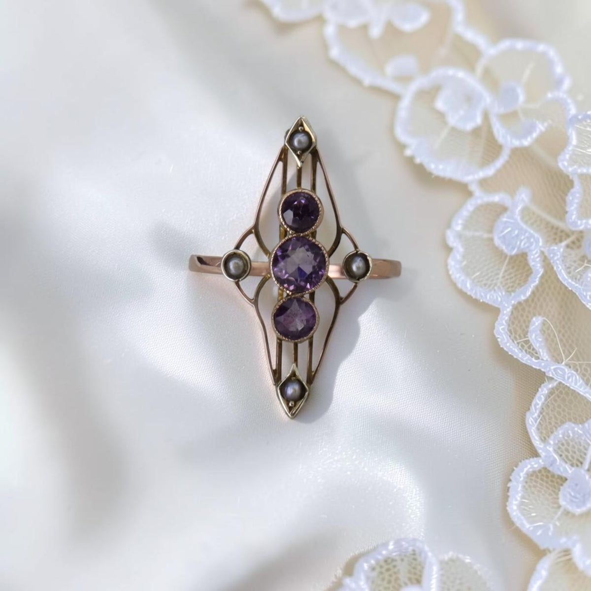 Antique Amethyst & Seed Pearl Navette Ring, Reimagined from a Late Victorian Brooch — 10K Pink Gold, Size 7