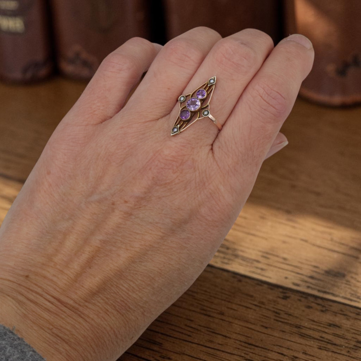 Antique Amethyst & Seed Pearl Navette Ring, Reimagined from a Late Victorian Brooch — 10K Pink Gold, Size 7