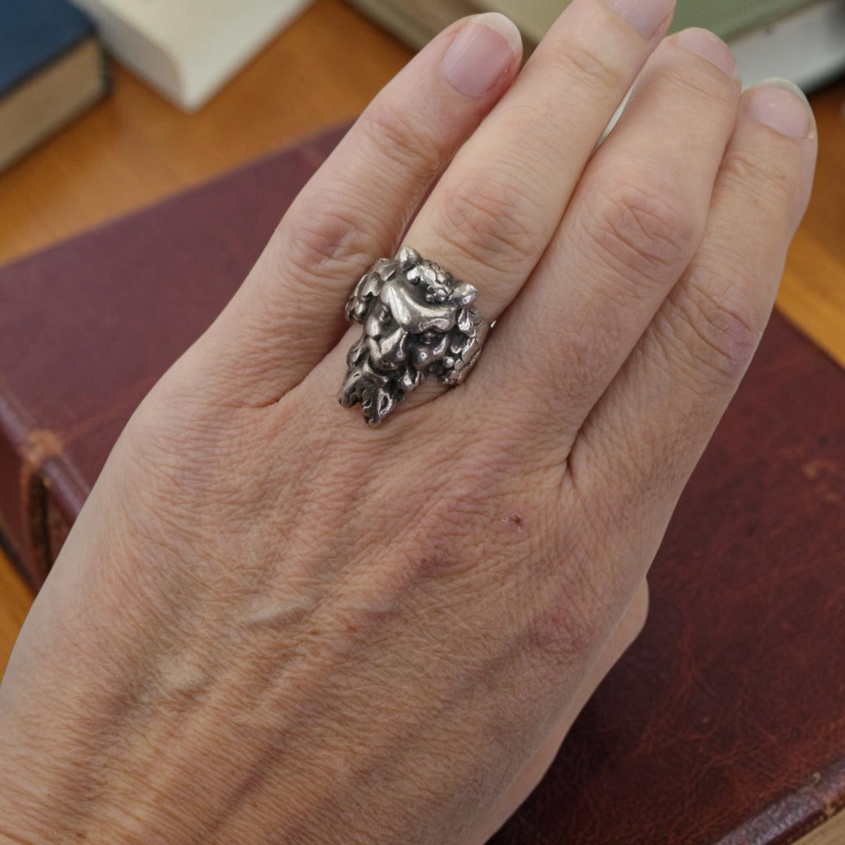 Antique silver satyr devil ring worn on the hand, size 6, Petra Star