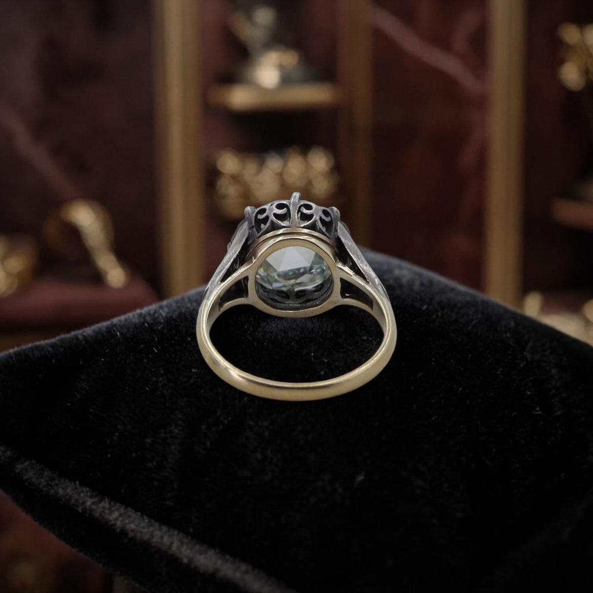 Antique Silver-Topped 14K Gold Ring with 2 Carat Round Rose Cut Moissanite — Pre-1850 Mounting, Size 6