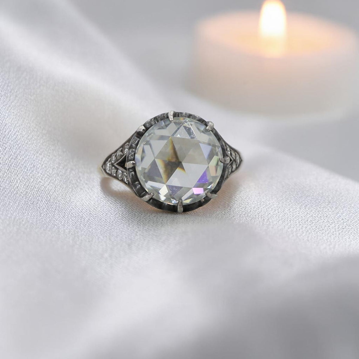 Antique Silver-Topped 14K Gold Ring with 2 Carat Round Rose Cut Moissanite — Pre-1850 Mounting, Size 6