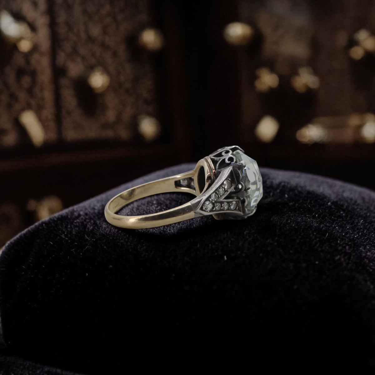 Antique Silver-Topped 14K Gold Ring with 2 Carat Round Rose Cut Moissanite — Pre-1850 Mounting, Size 6