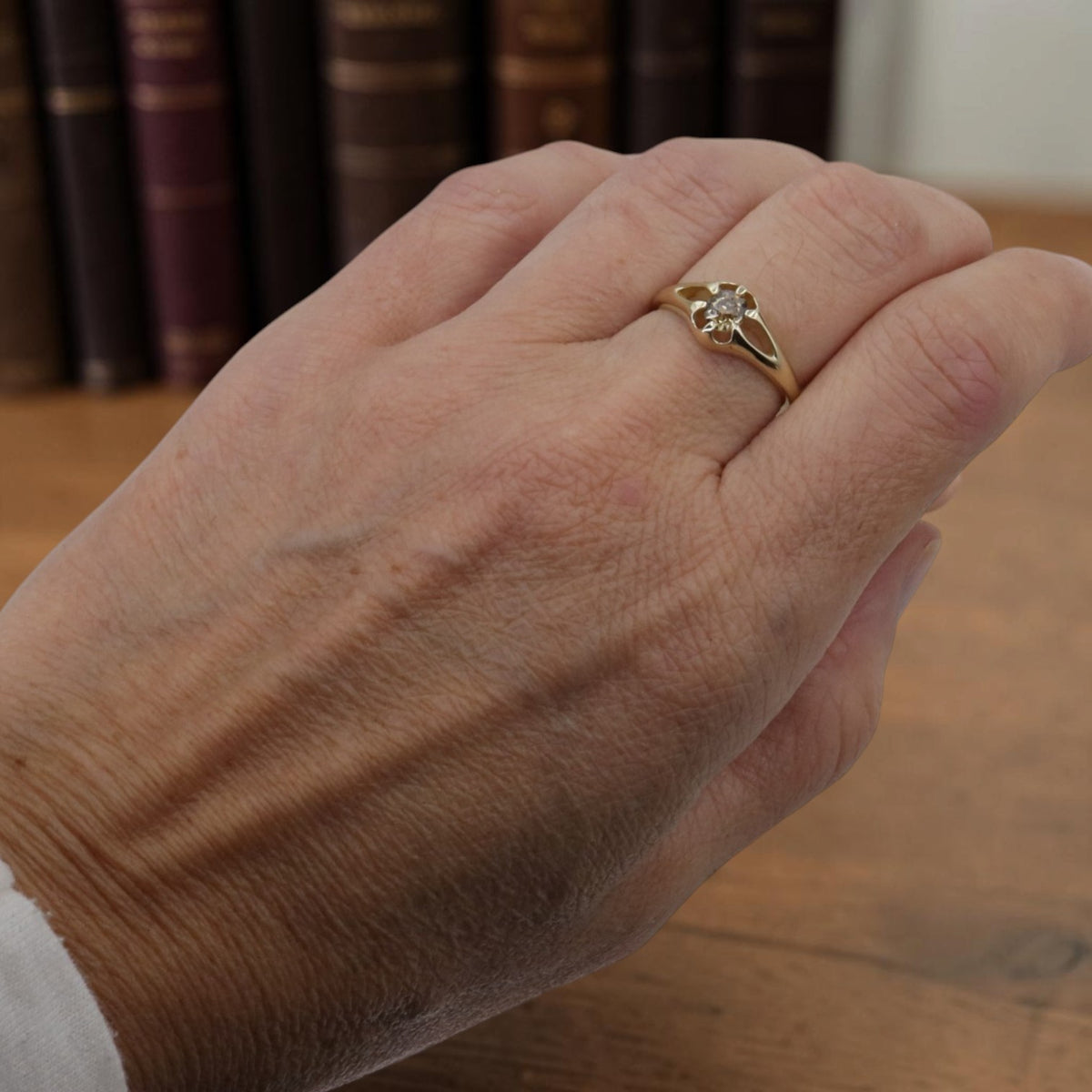 Belcher ring with 0.48-ct antique old mine cut cognac diamond in 14k yellow gold, front view