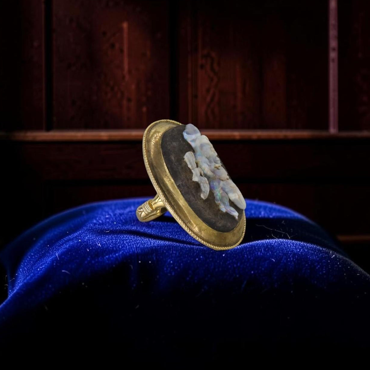 Antique Opal Cameo Ring | Carved Warrior Figure | Circa 1800s 14k Yellow Gold