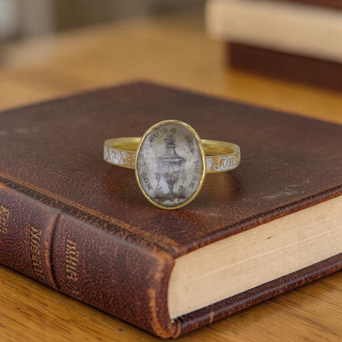 Rare Georgian White Enamel Memento Mori Mourning Ring, 18k Gold, Dated 1809