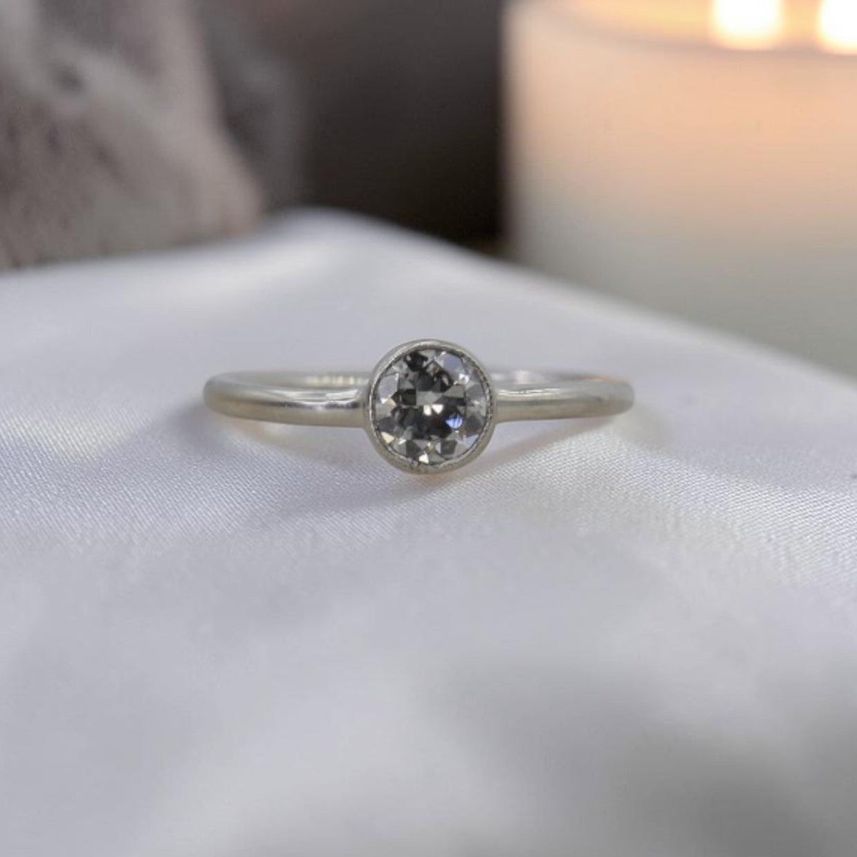 Old European Cut Diamond Bezel Engagement Ring in platinum with 0.44ct H/I VS diamond, circa 1900, vintage style.