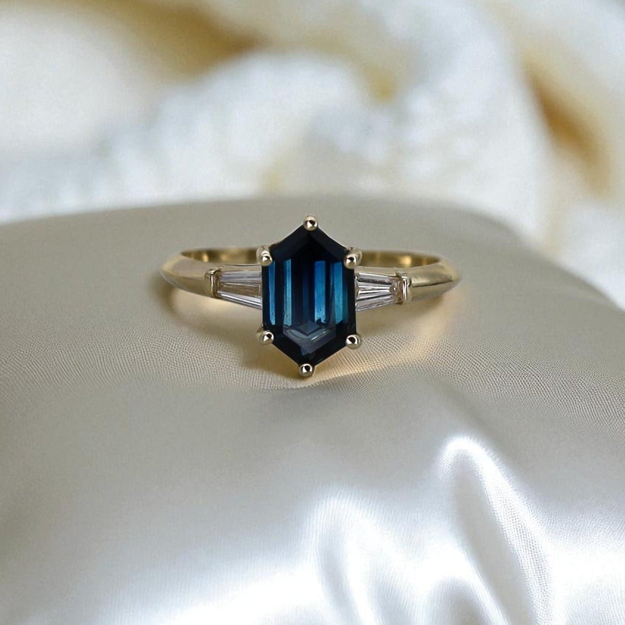 Petra Star Original: Hexagonal Teal Sapphire Ring with Tapered Baguette Diamonds in 14k Yellow Gold - Petra Star