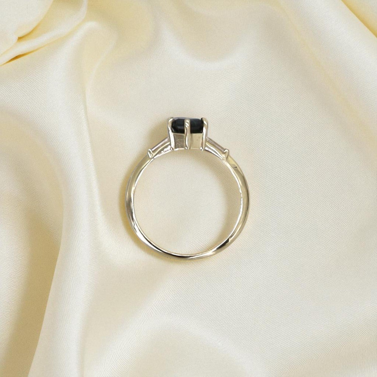 Petra Star Original: Hexagonal Teal Sapphire Ring with Tapered Baguette Diamonds in 14k Yellow Gold - Petra Star