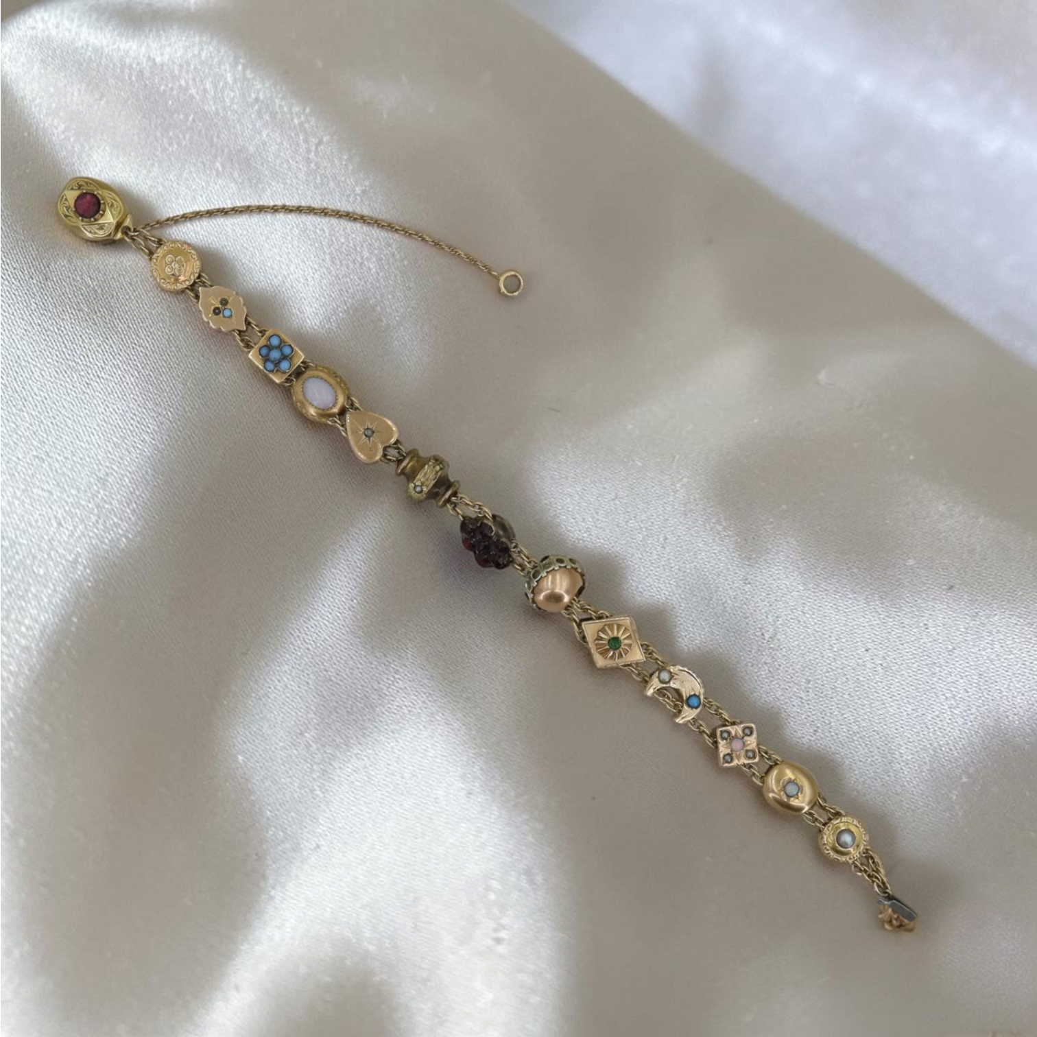 Antique Victorian Slide Bracelet 1880s | 13 Slides Gold, Pearl, Opal, Garnet, Turquoise | Tongue Clasp w/ Safety Chain