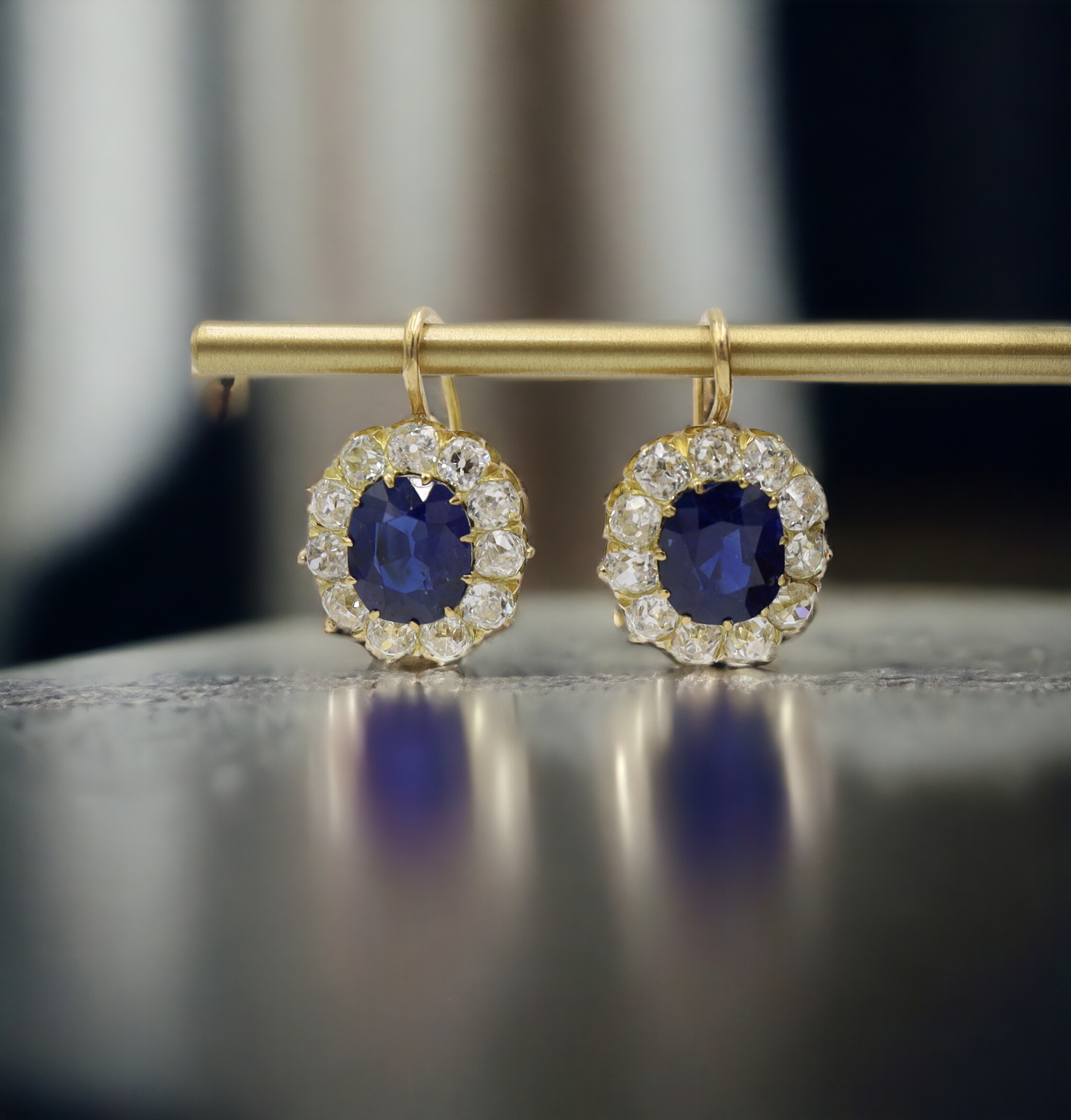 Victorian-Inspired 14K Yellow Gold Sapphire & Diamond Halo Drop Earrings — Antique Gemstones, Princess Diana Design