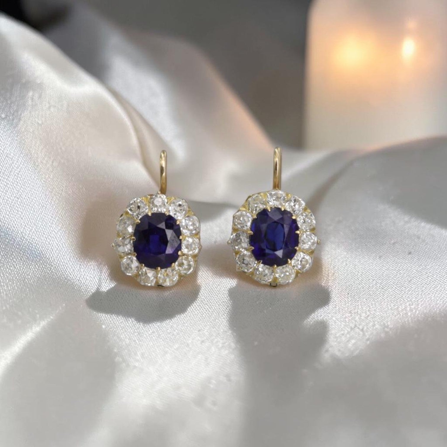 Victorian-Inspired 14K Yellow Gold Sapphire & Diamond Halo Drop Earrings — Antique Gemstones, Princess Diana Design