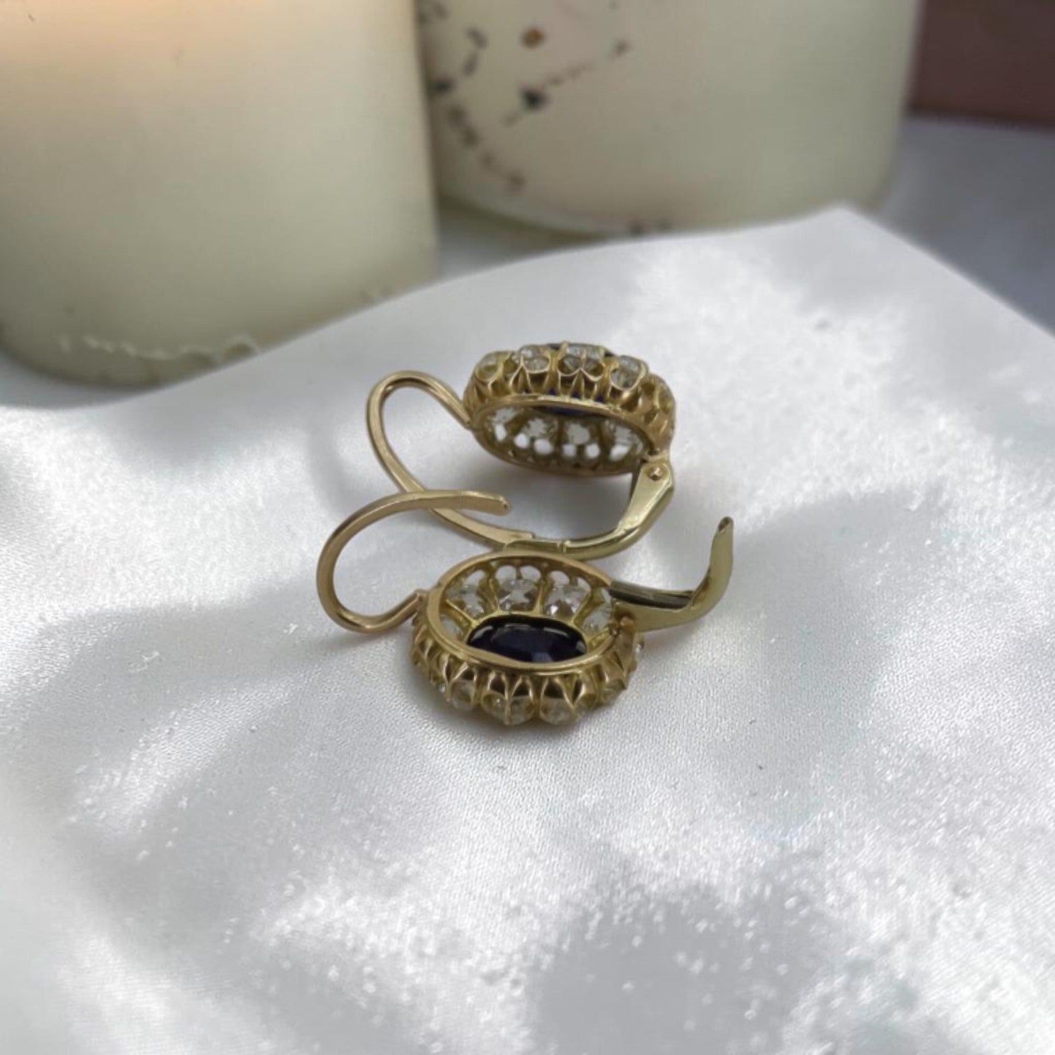 Victorian-Inspired 14K Yellow Gold Sapphire & Diamond Halo Drop Earrings — Antique Gemstones, Princess Diana Design