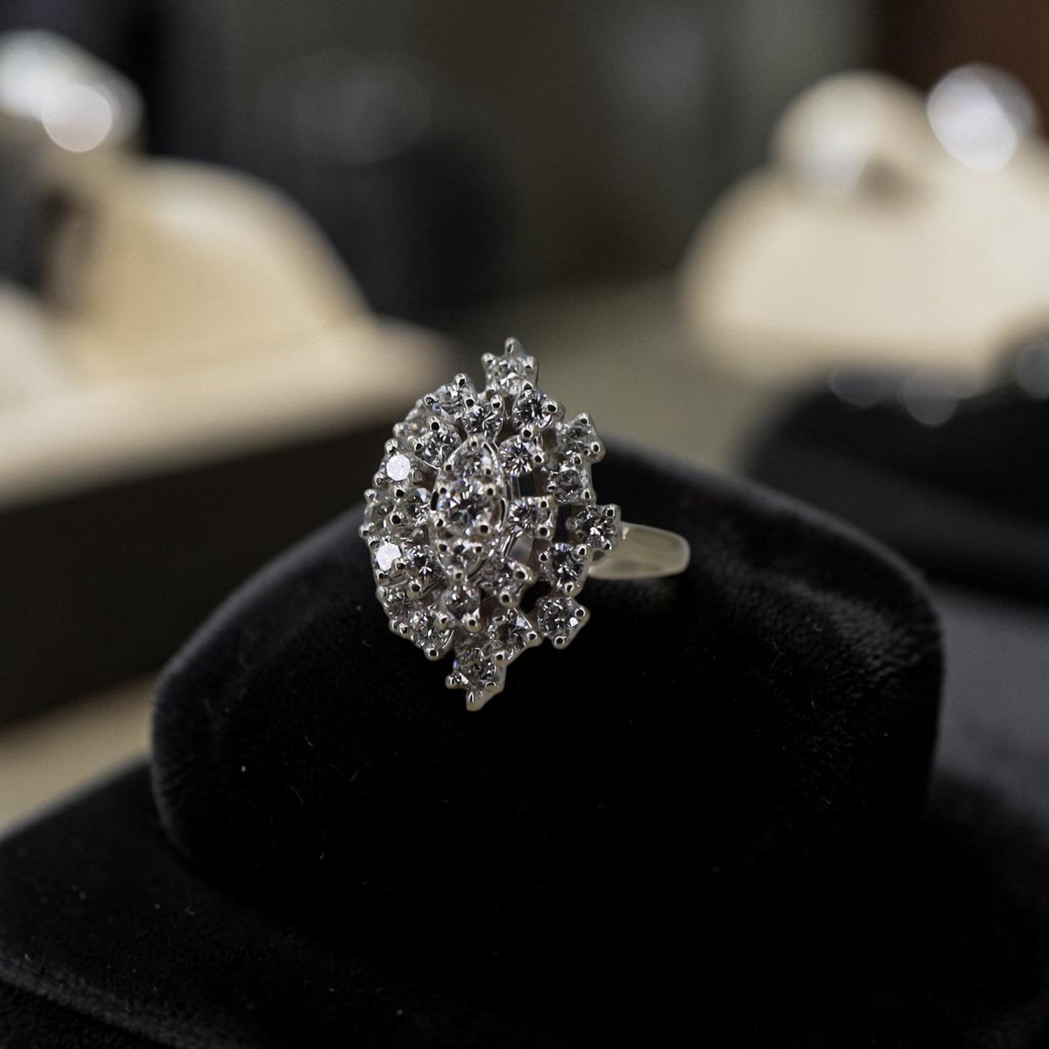 Vintage 1950s diamond cluster ring in 14K white gold with 1.85 carats, featuring a mid-century style and intricate design.