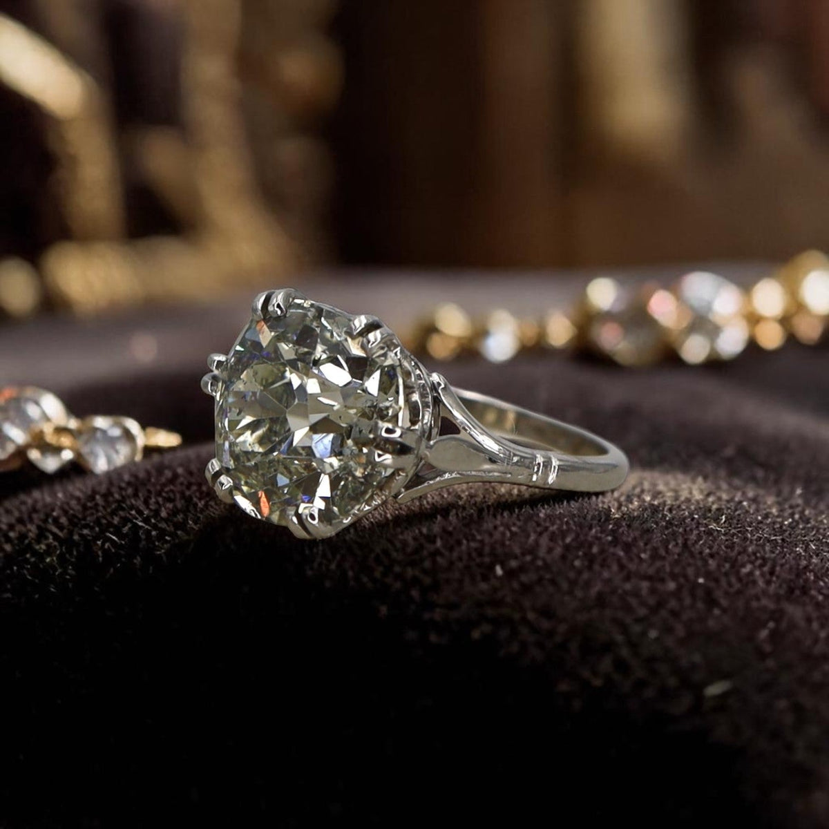 Petra Star Vintage Vault Collection | c. 1905 Edwardian Platinum Solitaire Ring | 7.57ct Old Mine Cut Diamond - Petra Star