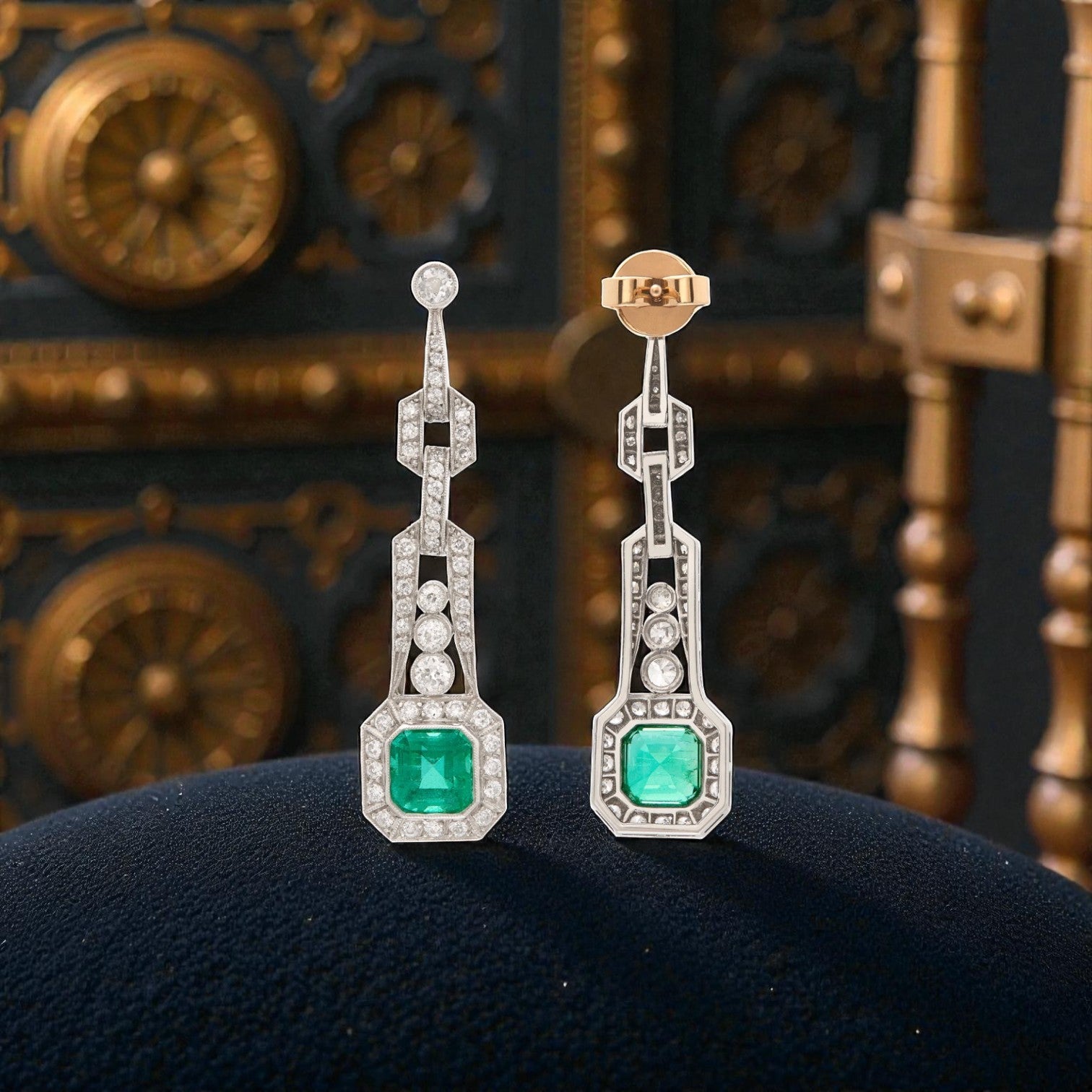 Platinum Art Deco-Style Emerald-Cut Emerald & Diamond Drop Earrings (3.65ct Emeralds, 2.30ct Diamonds) - Petra Star