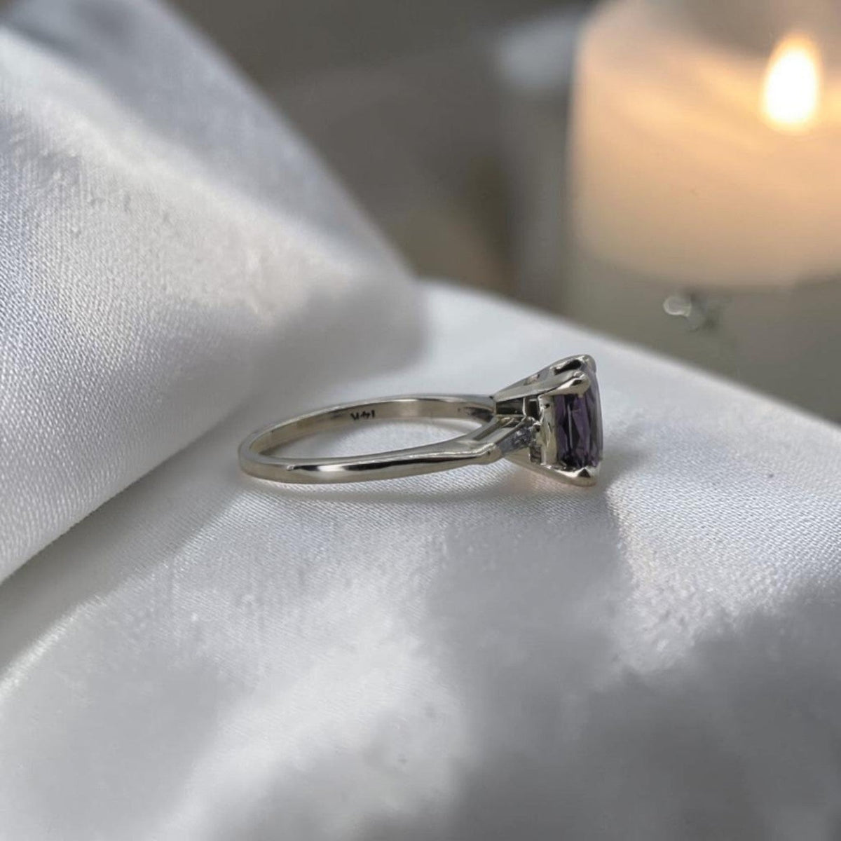 Purple Lavender Spinel Ring | 1.67ct Cushion Cut | Vintage 14K White Gold Tapered Baguette Mounting - Petra Star