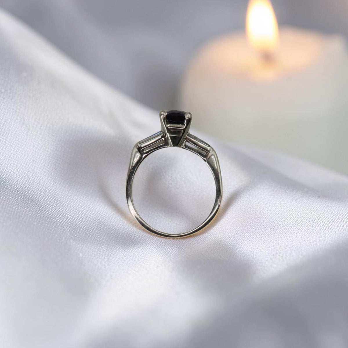 Purple Lavender Spinel Ring | 1.67ct Cushion Cut | Vintage 14K White Gold Tapered Baguette Mounting - Petra Star