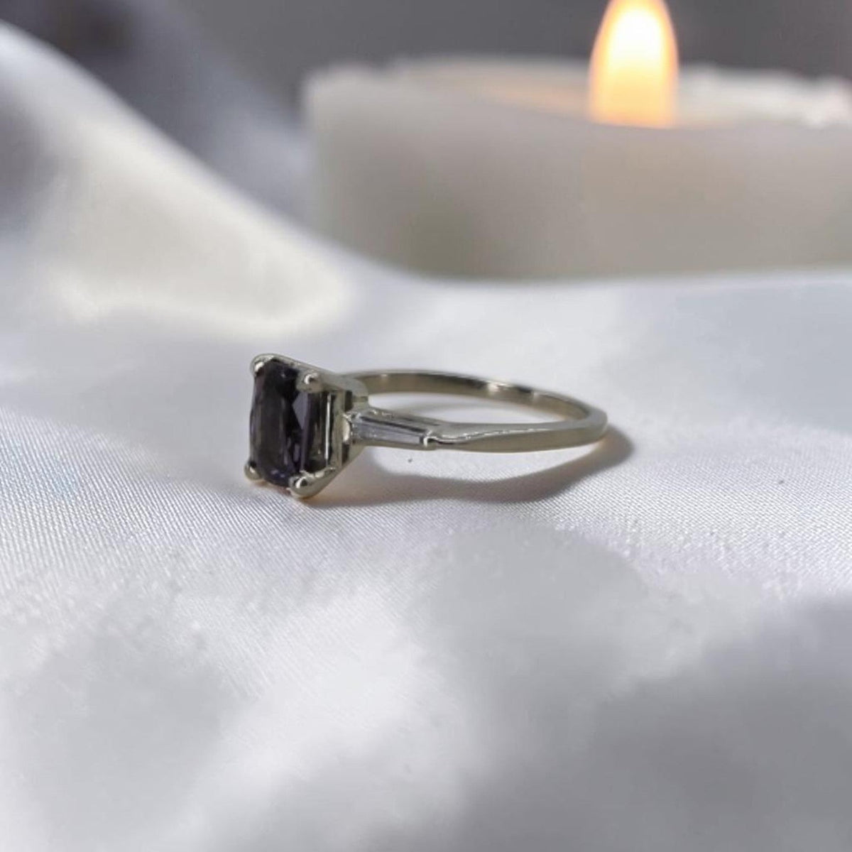 Purple Lavender Spinel Ring | 1.67ct Cushion Cut | Vintage 14K White Gold Tapered Baguette Mounting - Petra Star