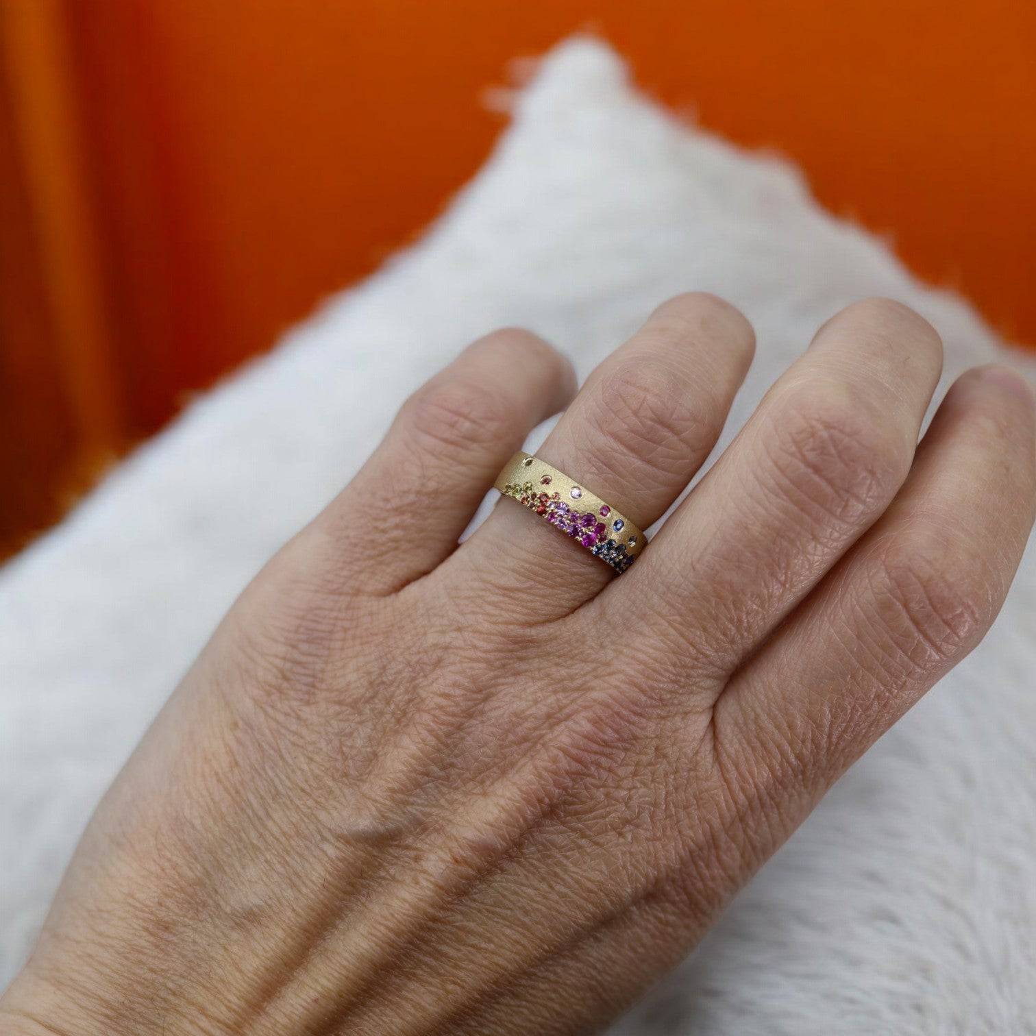 Rainbow Sapphire & Tsavorite Cigar Band Ring—Sandblasted 14k Yellow Gold - Petra Star