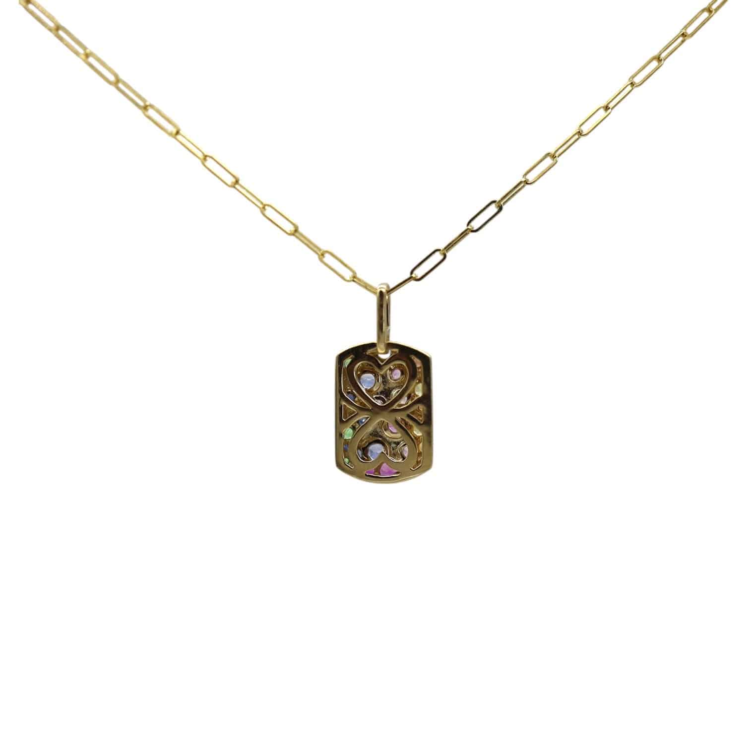 Rainbow Sapphire, Tsavorite & Ruby Dog Tag Pendant – 14k Yellow Gold, Sandblasted Finish, Paperclip Chain - Petra Star