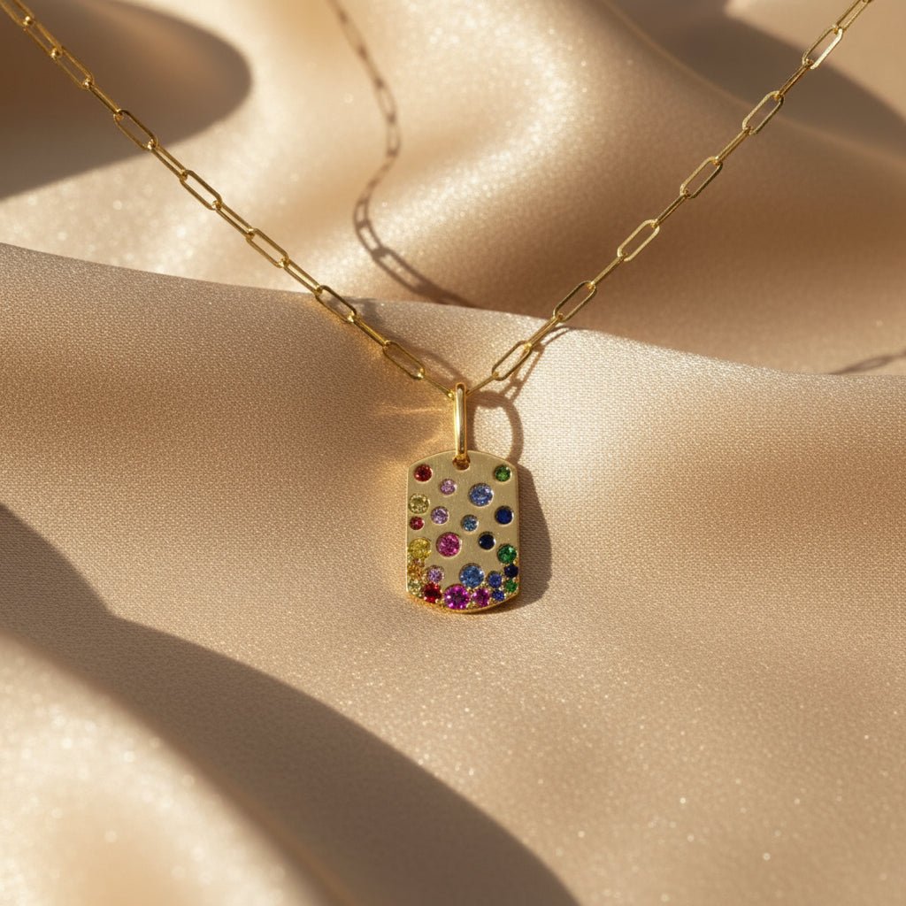 Rainbow Sapphire, Tsavorite & Ruby Dog Tag Pendant – 14k Yellow Gold, Sandblasted Finish, Paperclip Chain - Petra Star