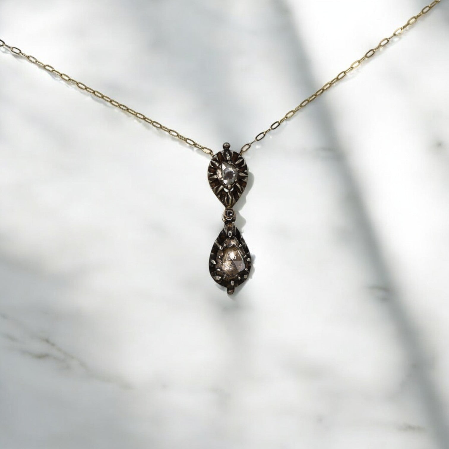 Rare Georgian Double-Drop Rose-Cut Diamond Pendant Necklace in Silver & 14k Gold - Petra Star