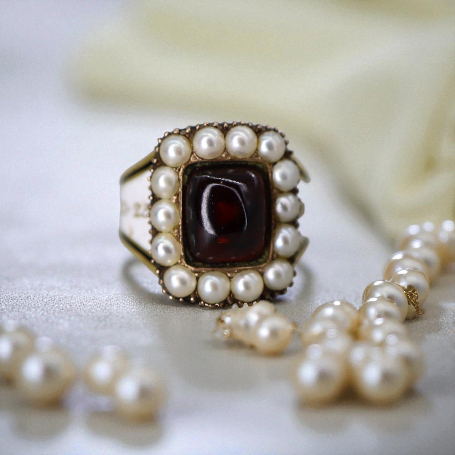 RARE White Enamel Georgian Memento Mori Ring with Sugarloaf Garnet 1806 - Petra Star